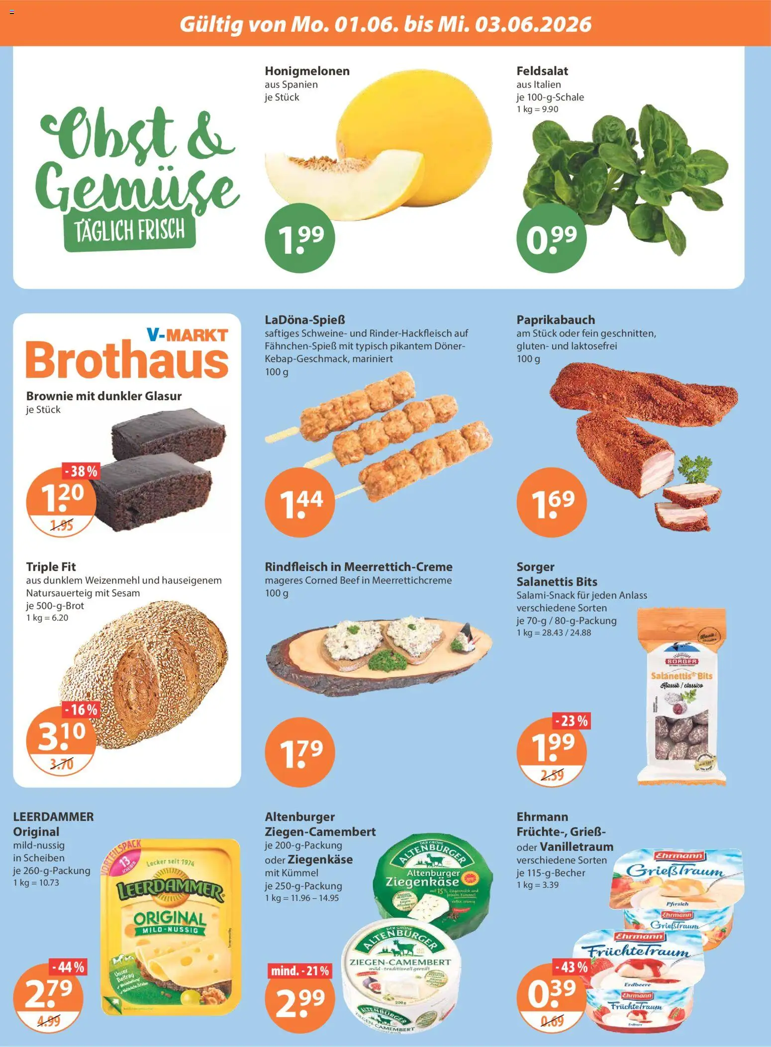V-Markt Schwaben / Oberbayern ab Montag – gültig ab 01.06.2026 | Seite: 2 | Produkte: Leerdammer, Obst, Pfirsich, Rindfleisch