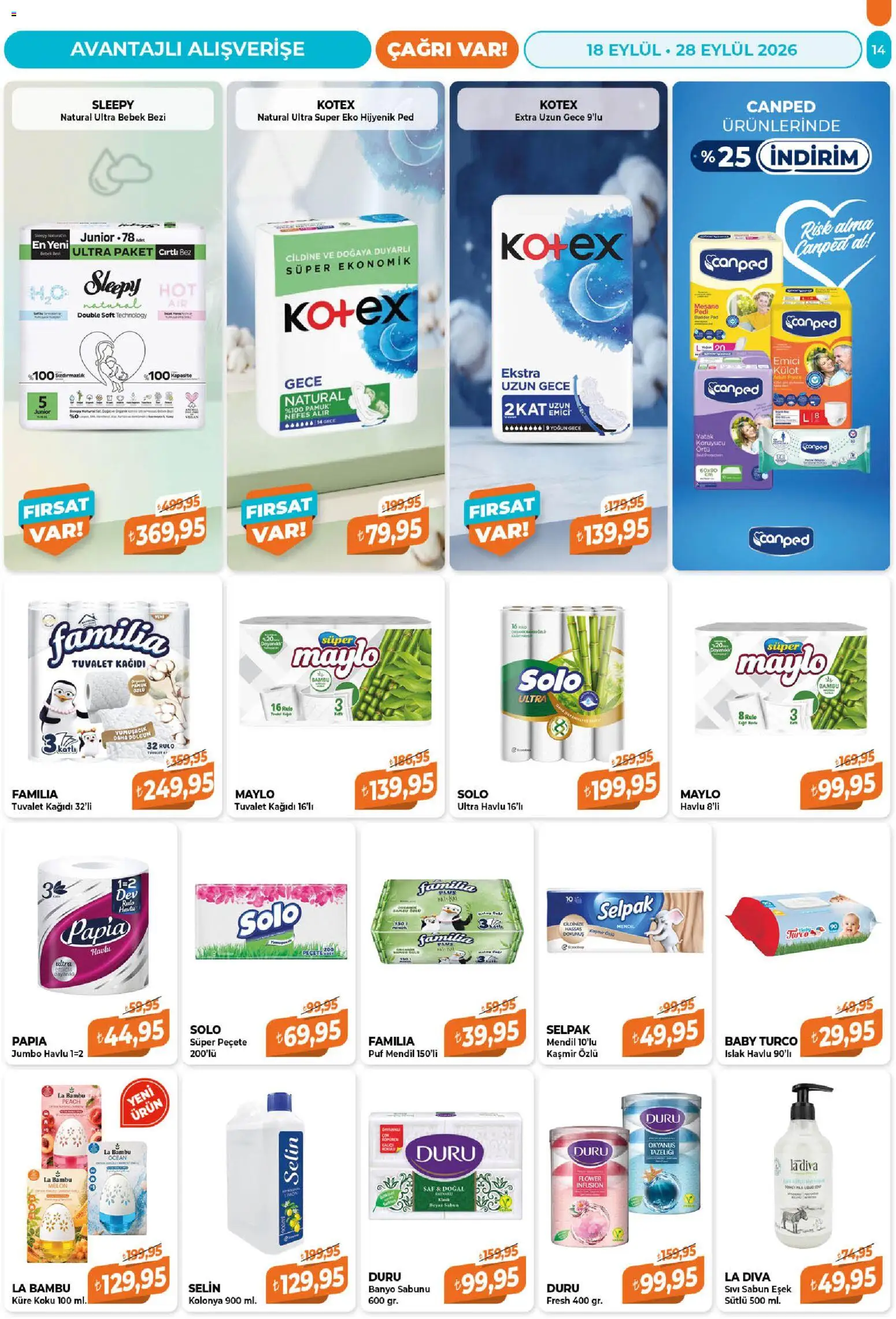 Çağrı Market Katalog - 18 Eylül 2026 tarihinden itibaren geçerlidir | Sayfa: 14 | Ürünler: Yatak, Banyo, Mendil, Koku