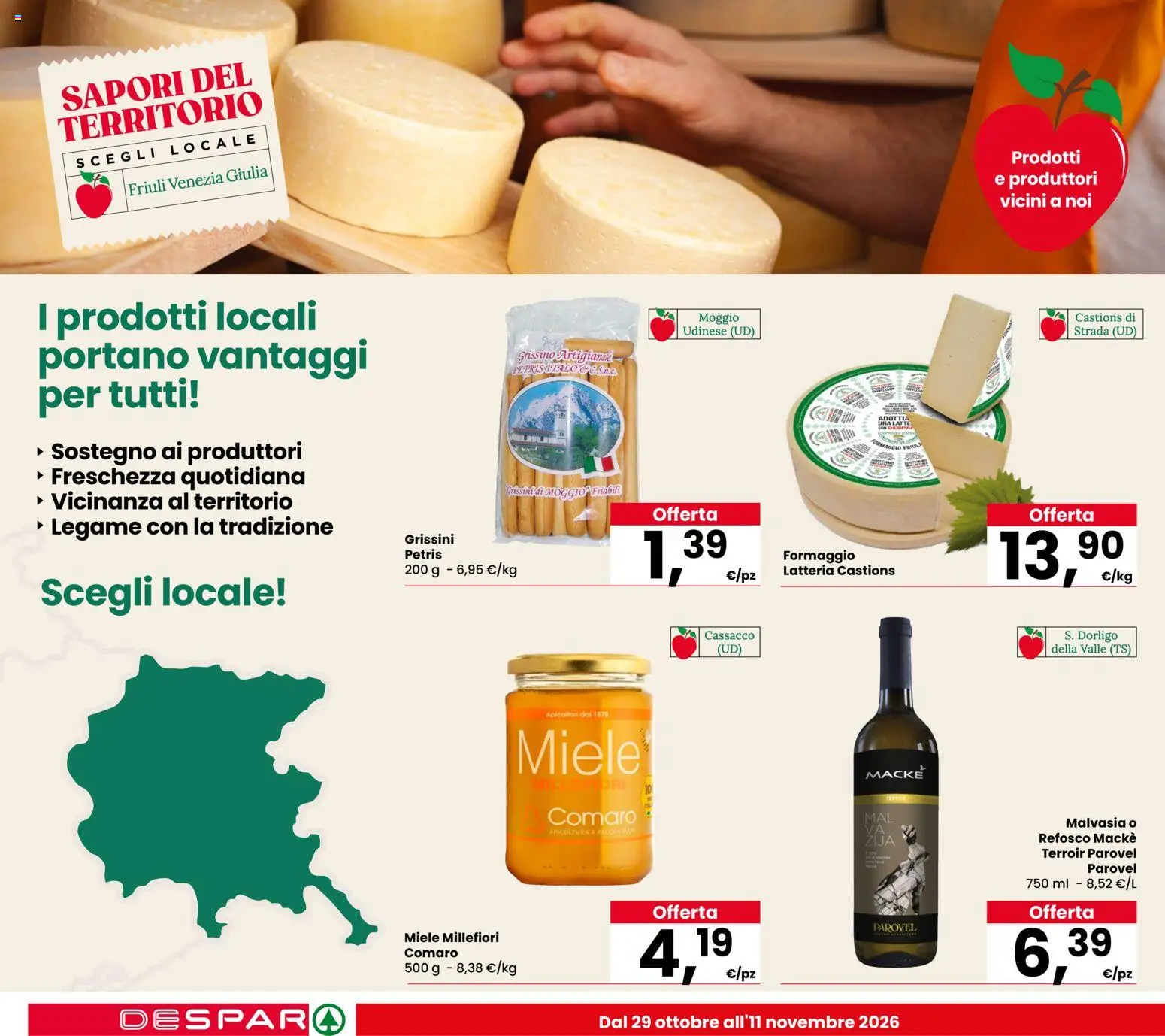 Volantino Despar del 29/10/2026 | Pagina: 4 | Prodotti: Latte, Formaggio, Grissini, Miele