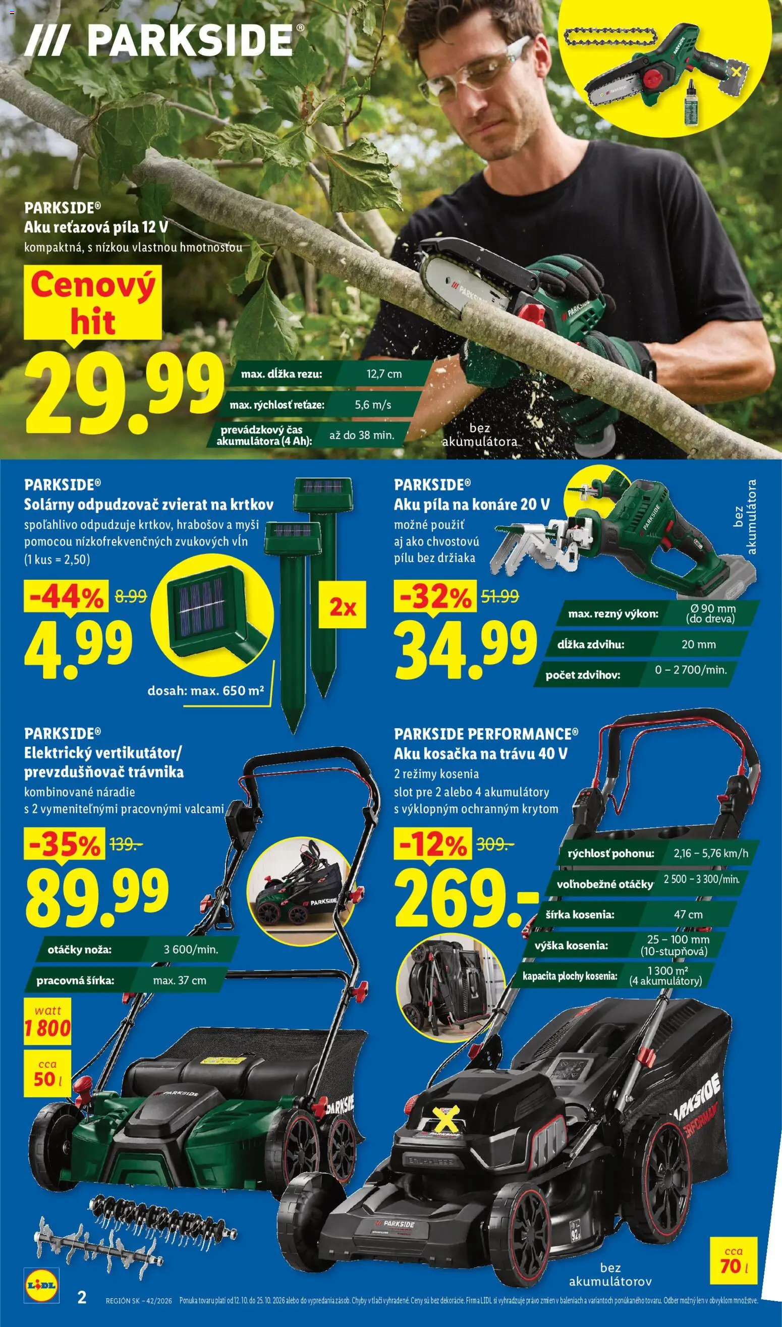 Nové Lidl akcie – leták je platný od 12.10.2026 | Strana: 2 | Produkty: Aku kosačka, Aku reťazová píla, Aku píla, Reťazová píla