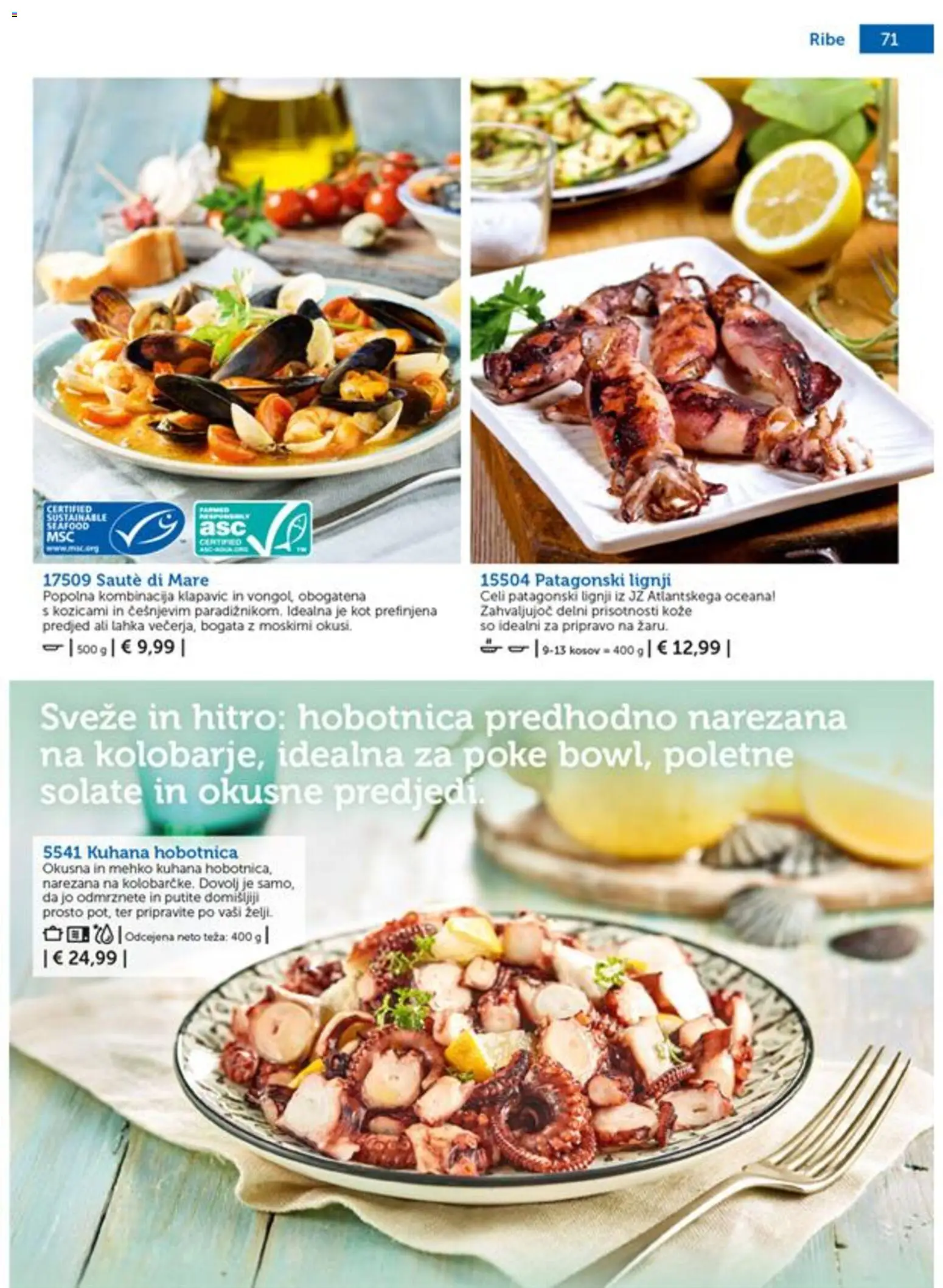 Novi Bofrost katalog ponudbe – veljaven od 01.07.2026 | Stran: 71 | Izdelki: Lignji, Teza, Hobotnica, Ribe
