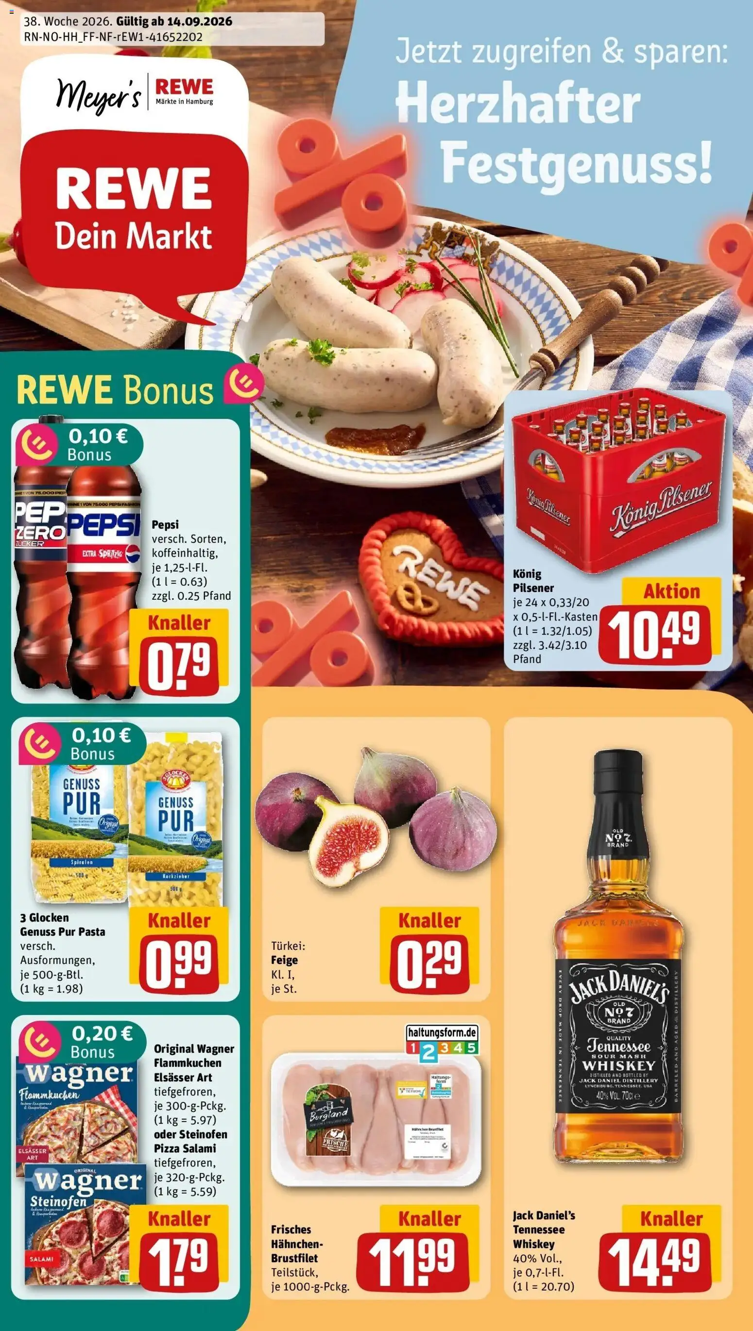 REWE Prospekt ab 14.09.2026 zum Blättern » Angebote | Seite: 1 | Produkte: Konig pilsener, Jack Daniel's, Pasta, Whiskey