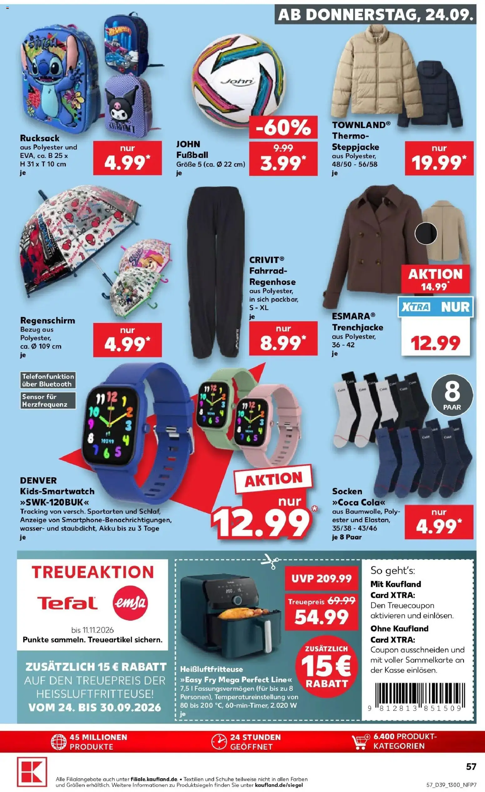 Prospekt Kaufland ab 24.09.2026 » Angebote Online zum Blättern | Seite: 57 | Produkte: Steppjacke, Fußball, Wasser, Heißluftfritteuse