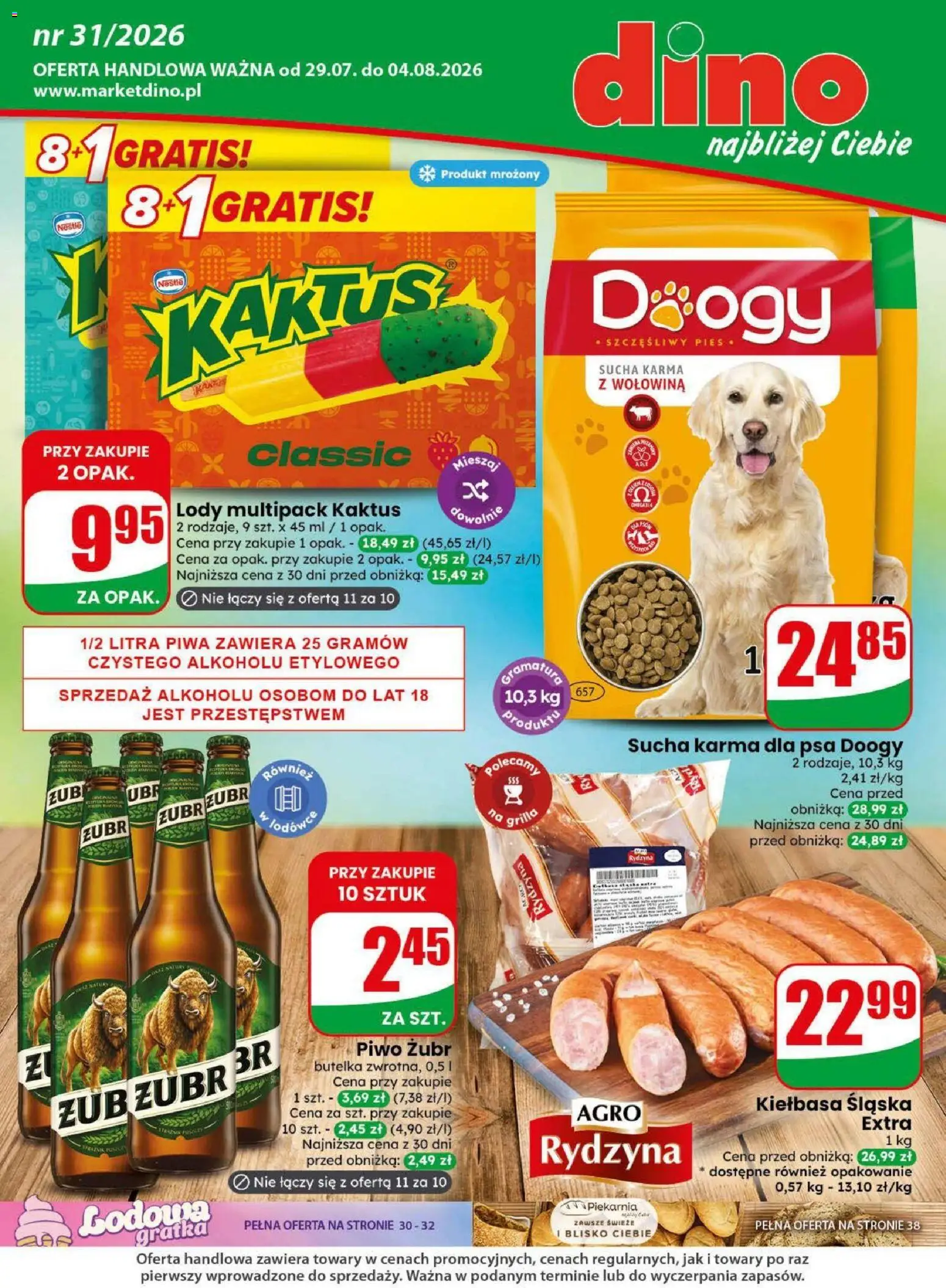 Dino gazetka od 29.07.2026 | Strona: 1 | Produkty: Piwo żubr, Kiełbasa, Kiełbasa śląska, Lody