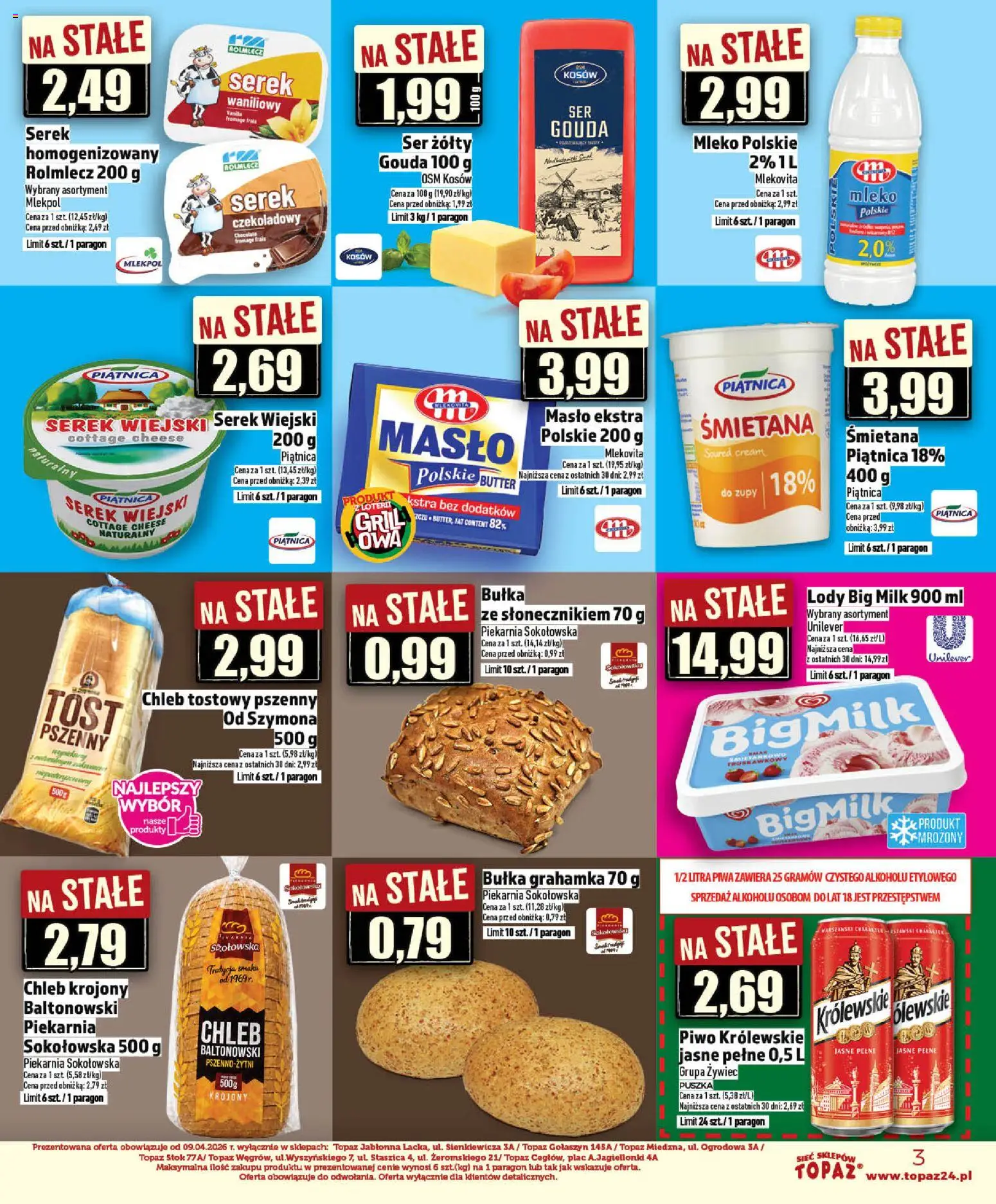 Topaz gazetka - Ceny małe na stałe od 14.05.2026 | Strona: 3 | Produkty: Chleb krojony, Big Milk, Bułka, Ser