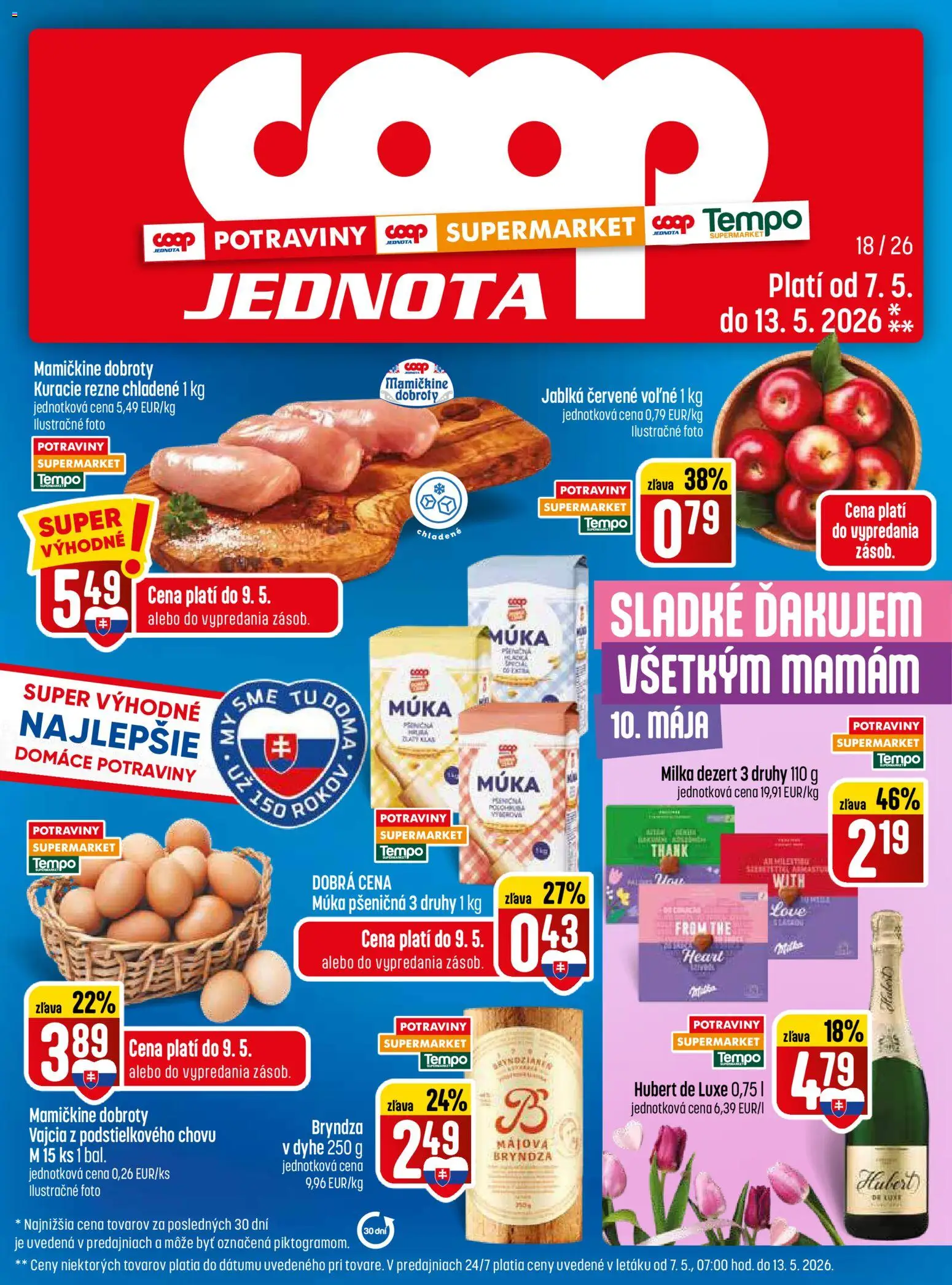 Nové COOP Jednota akcie – leták je platný od 07.05.2026 | Strana: 1 | Produkty: Kuracie rezne, Múka, Milka, Hubert de Luxe