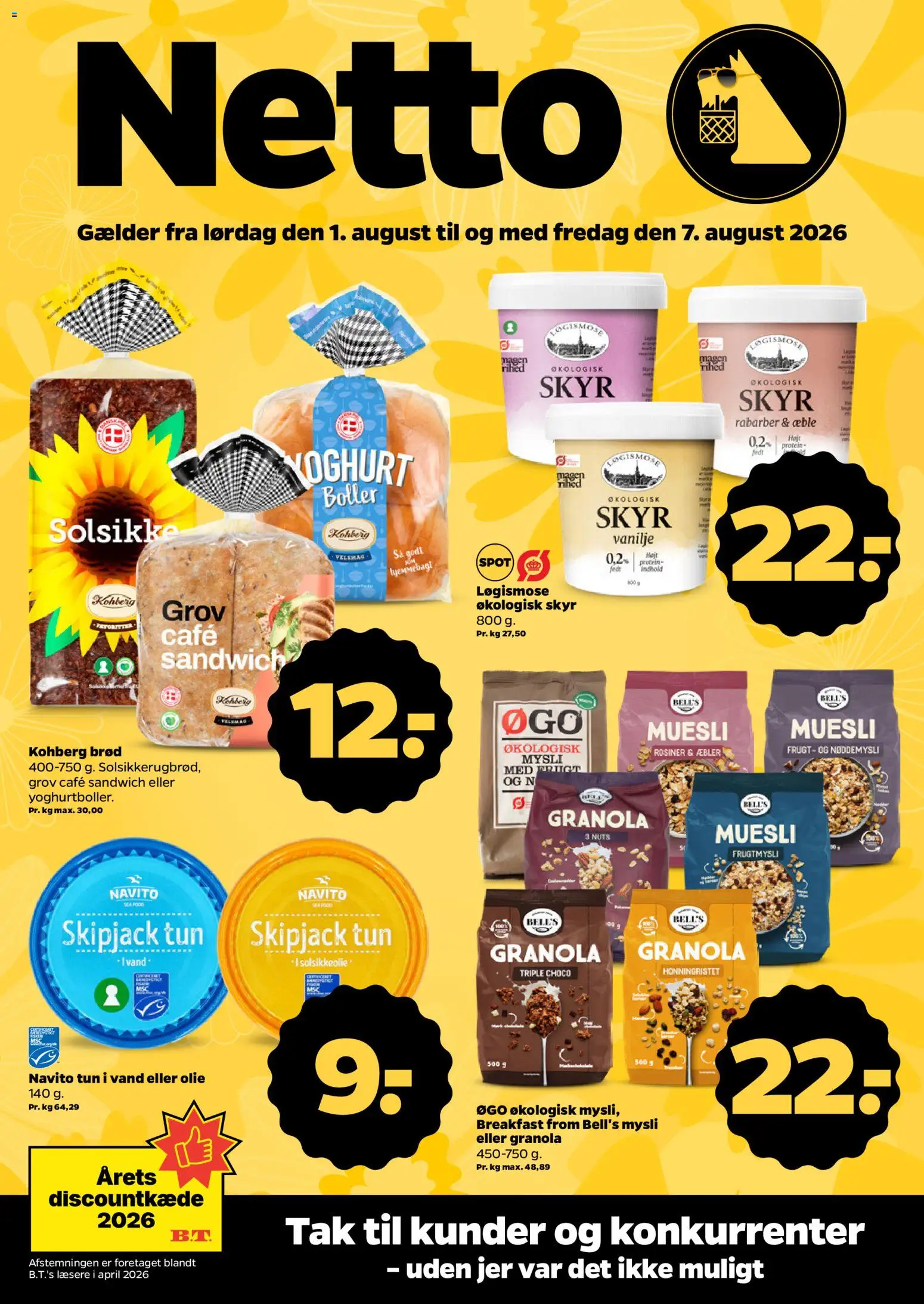 Netto tilbudsavis – gyldig fra 01/08/2026 | Side: 1 | Produkter: Skyr, Solsikkeolie, Rosiner, Tun
