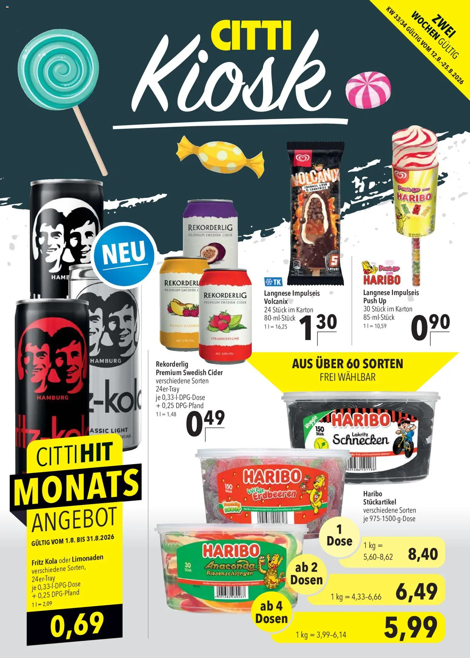 CITTI Markt Kioskwerbung – gültig ab 12.08.2026 | Seite: 1 | Produkte: Langnese, Haribo, Fritz kola, Haribo dose