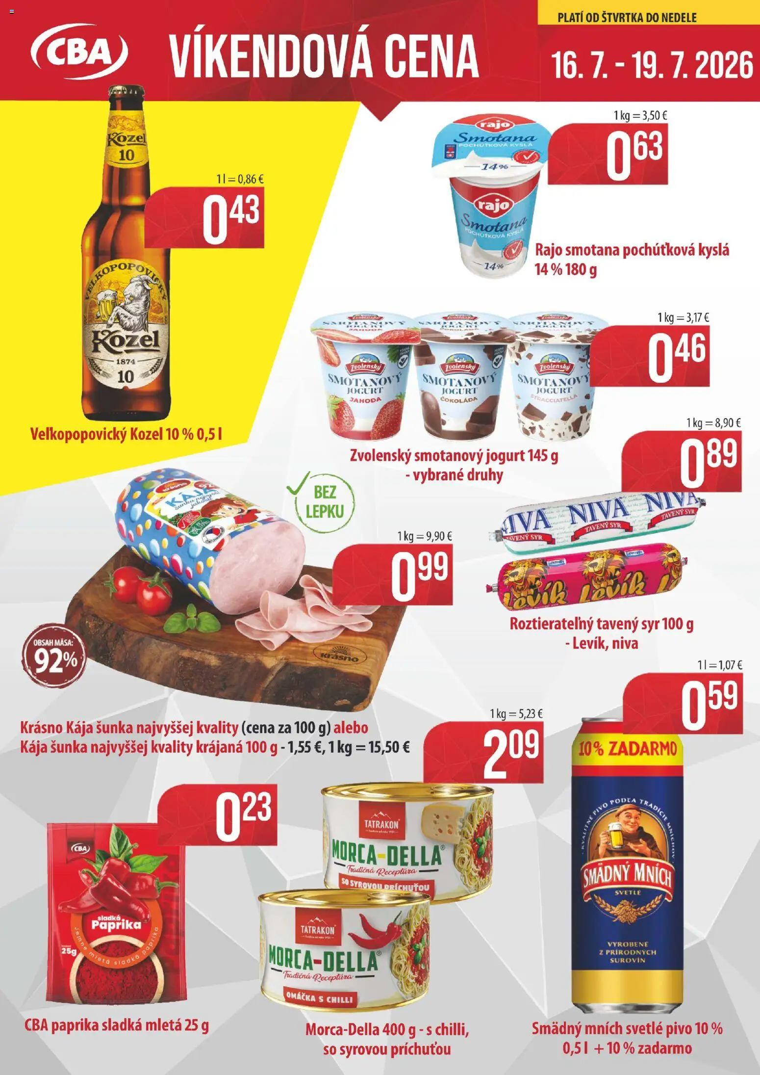 Nové CBA Komfos akcie – leták je platný od 16.07.2026 | Strana: 1 | Produkty: Pivo, Jogurt, Šunka, Smädný Mních