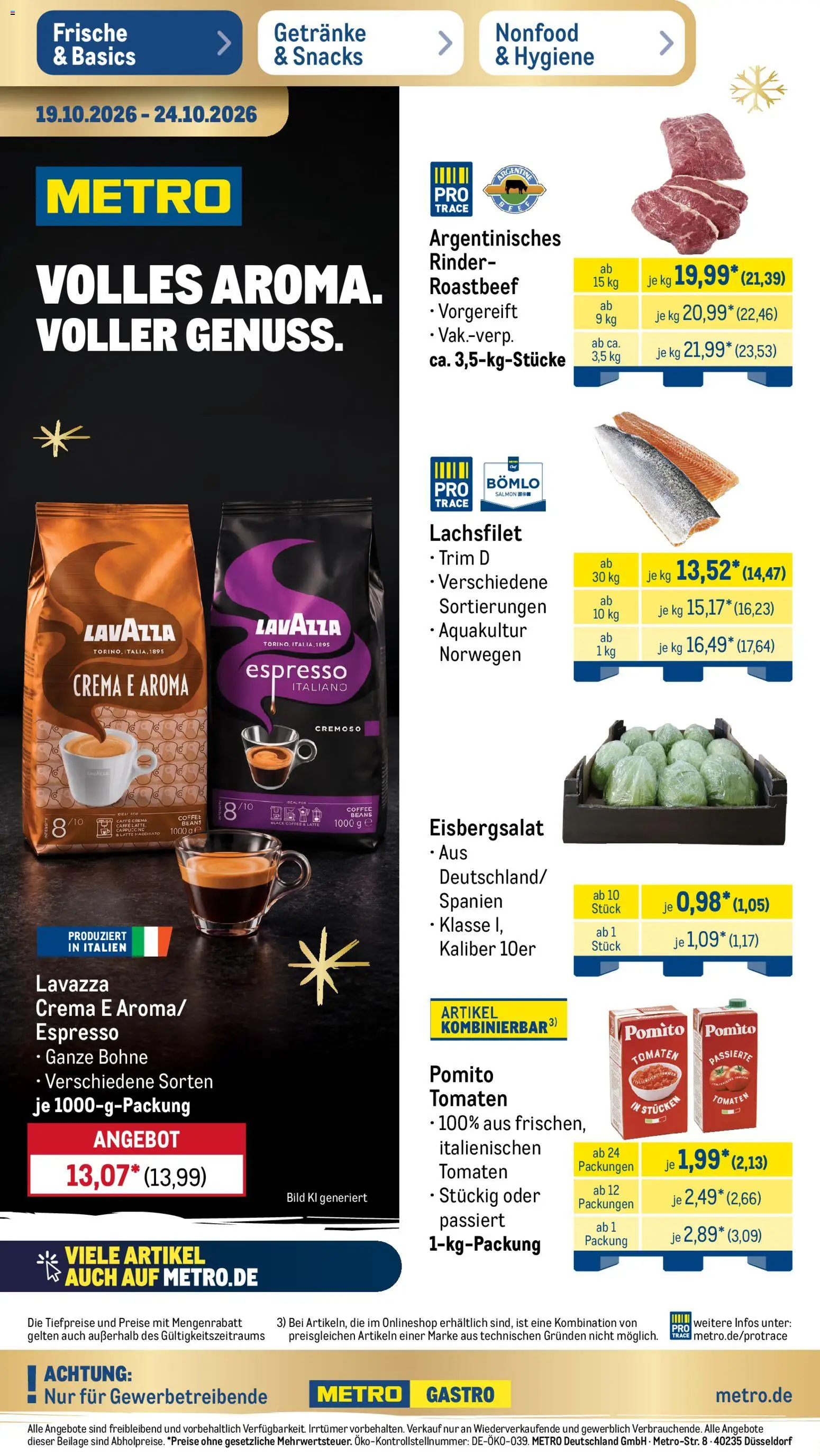 Metro Prospekt – gültig ab 19.10.2026 | Seite: 1 | Produkte: Lavazza, Tomaten, Eisbergsalat, Roastbeef