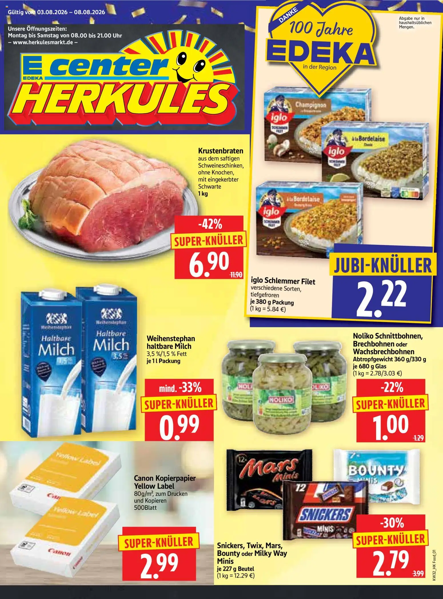 HERKULES Prospekt – gültig ab 03.08.2026 | Seite: 1 | Produkte: Milch, Iglo, Snickers, Mars