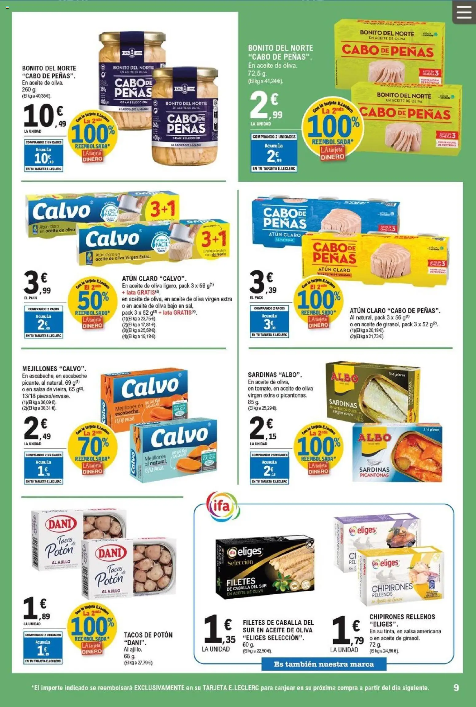 E.Leclerc folleto │ válido desde el 06.05.2026 | Página: 9 | Productos: Tacos, Té, Aceite de oliva virgen extra, Σταθμός εργασίας