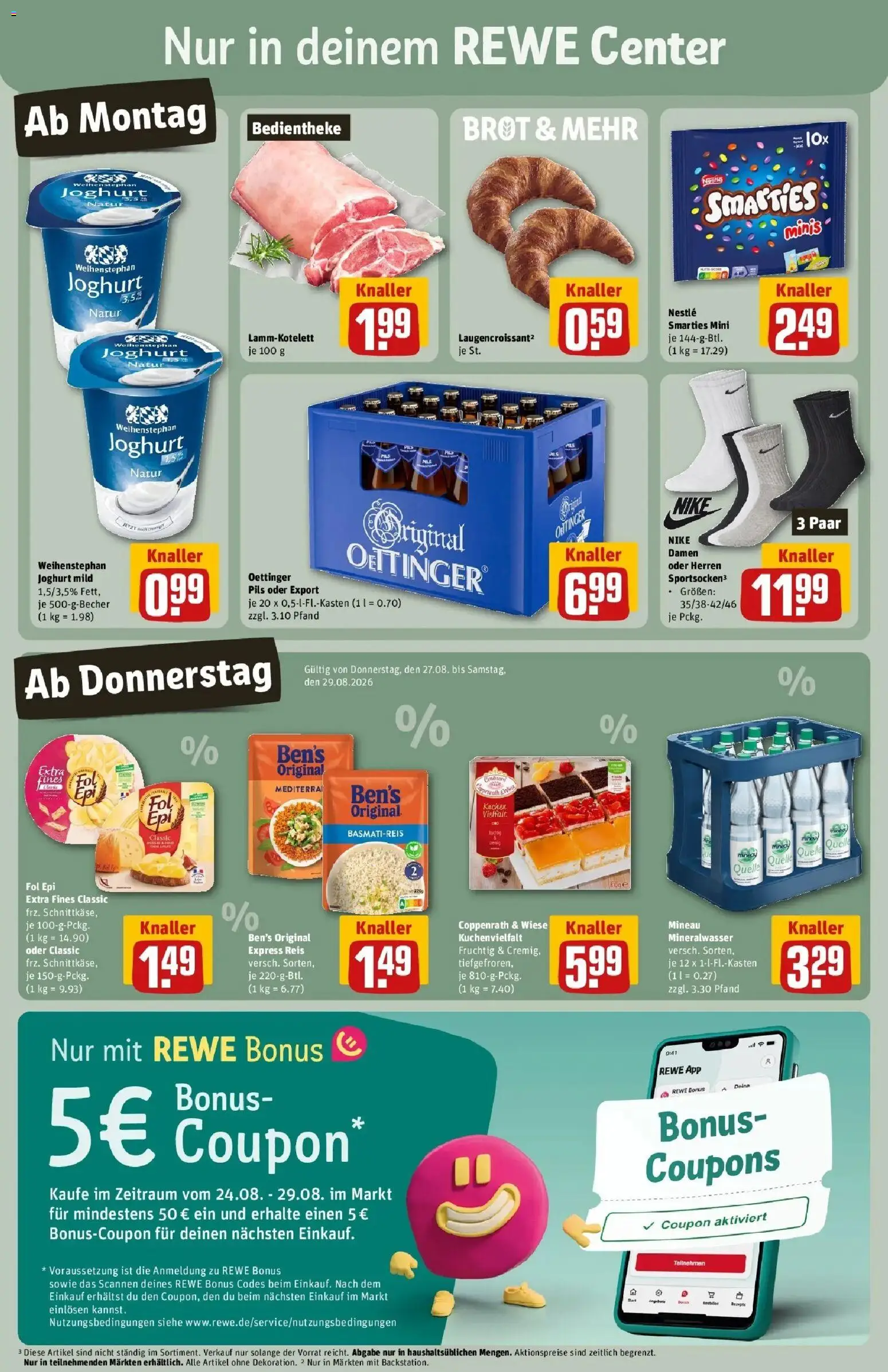 REWE Prospekt ab 24.08.2026 zum Blättern » Angebote | Seite: 3 | Produkte: Joghurt, Smarties, Oettinger, Brot