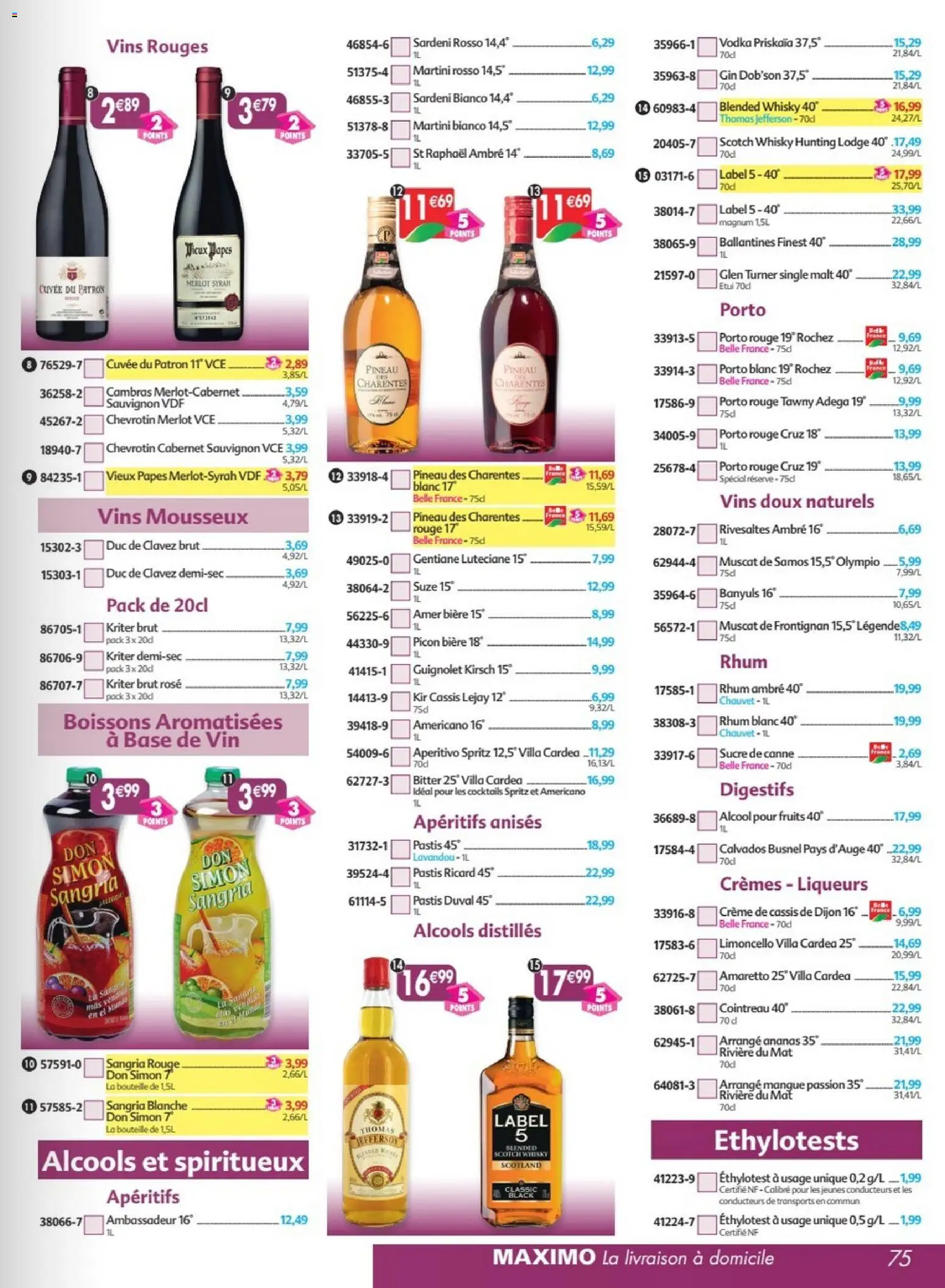 {H1} | Page: 75 | Produits: Éthylotest a usage unique, Mousseux, Martini, Vin