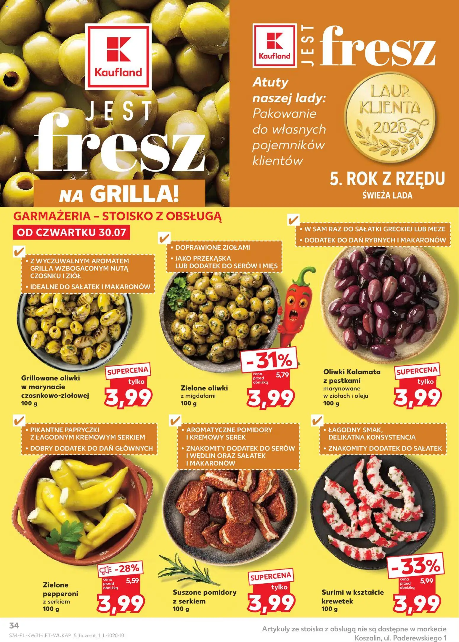 Kaufland gazetka od 30.07.2026 | Strona: 34 | Produkty: Serek, Oliwki Kalamata, Oliwki, Pomidory