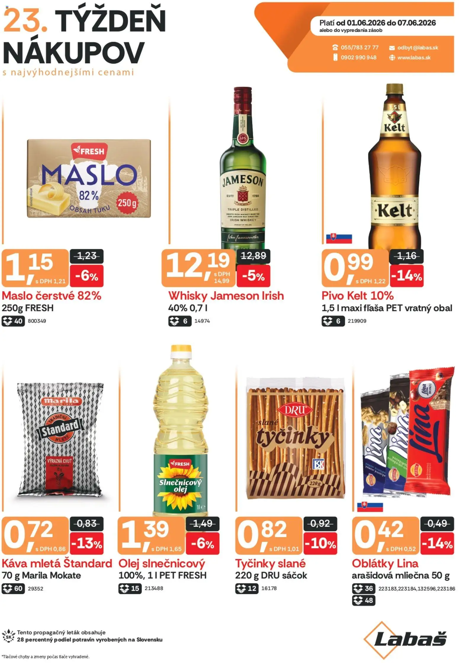 Nové Labaš akcie – leták je platný od 01.06.2026 | Strana: 1 | Produkty: Maslo, Pivo, Jameson, Whisky