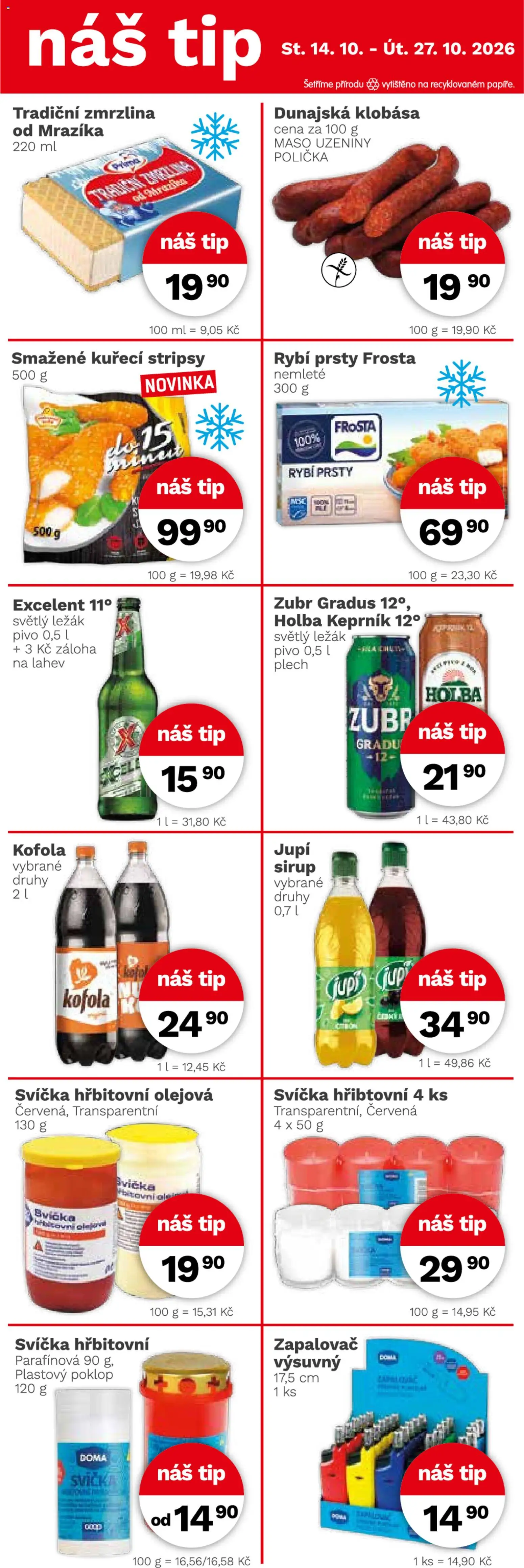 Konzum leták od 14.10.2026 | Strana: 4 | Produkty: Stripsy, Zubr, Svíčka, Rybí prsty