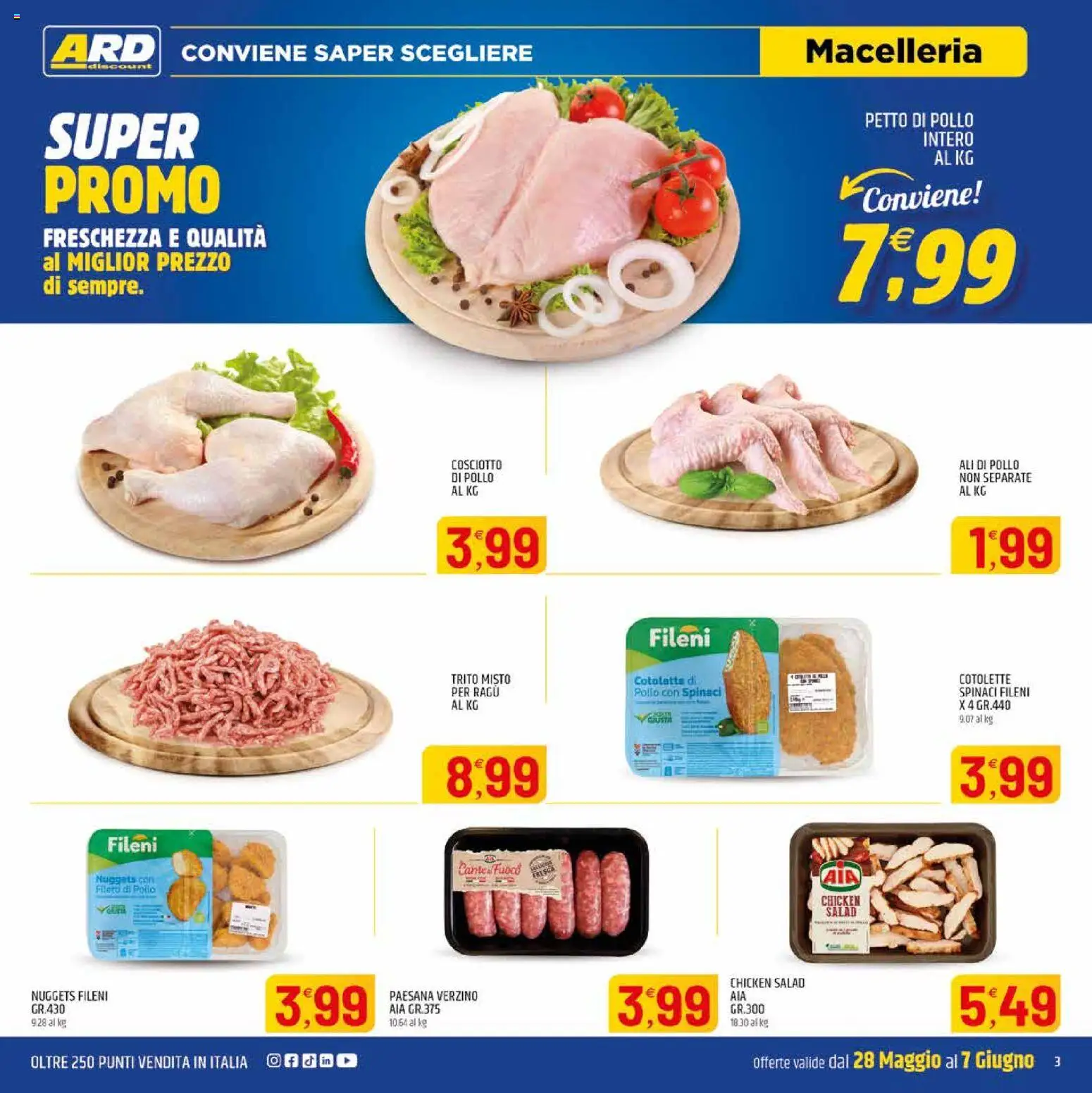 Volantino ARD Discount del 28.05.2026 | Pagina: 3 | Prodotti: Petto di Pollo, Nuggets, Spinaci, Ragú