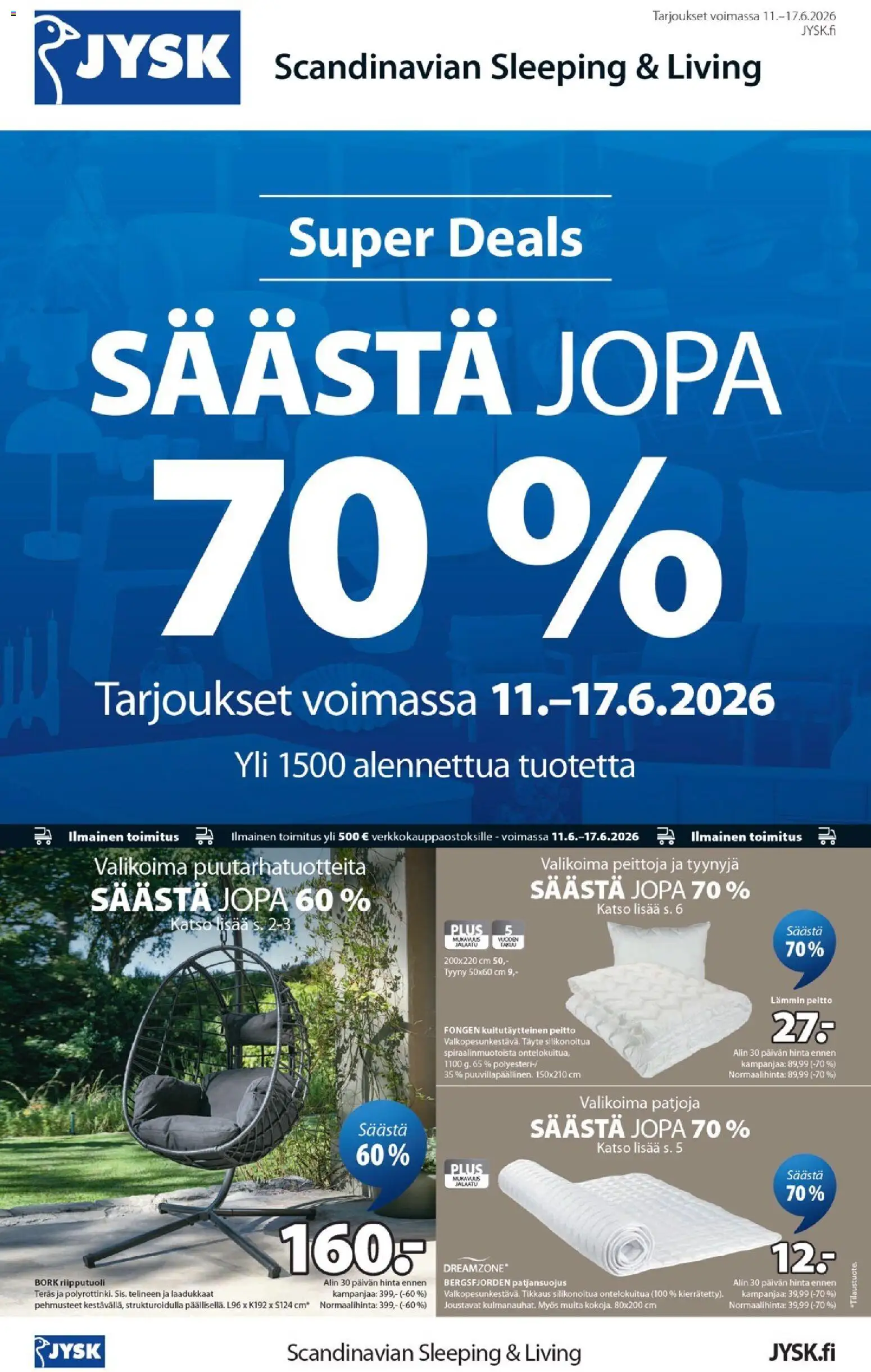 JYSK tarjoukset – voimassa 11.06.2026 alkaen | Sivu: 1 | Tuotteet: Tyyny, Peitto