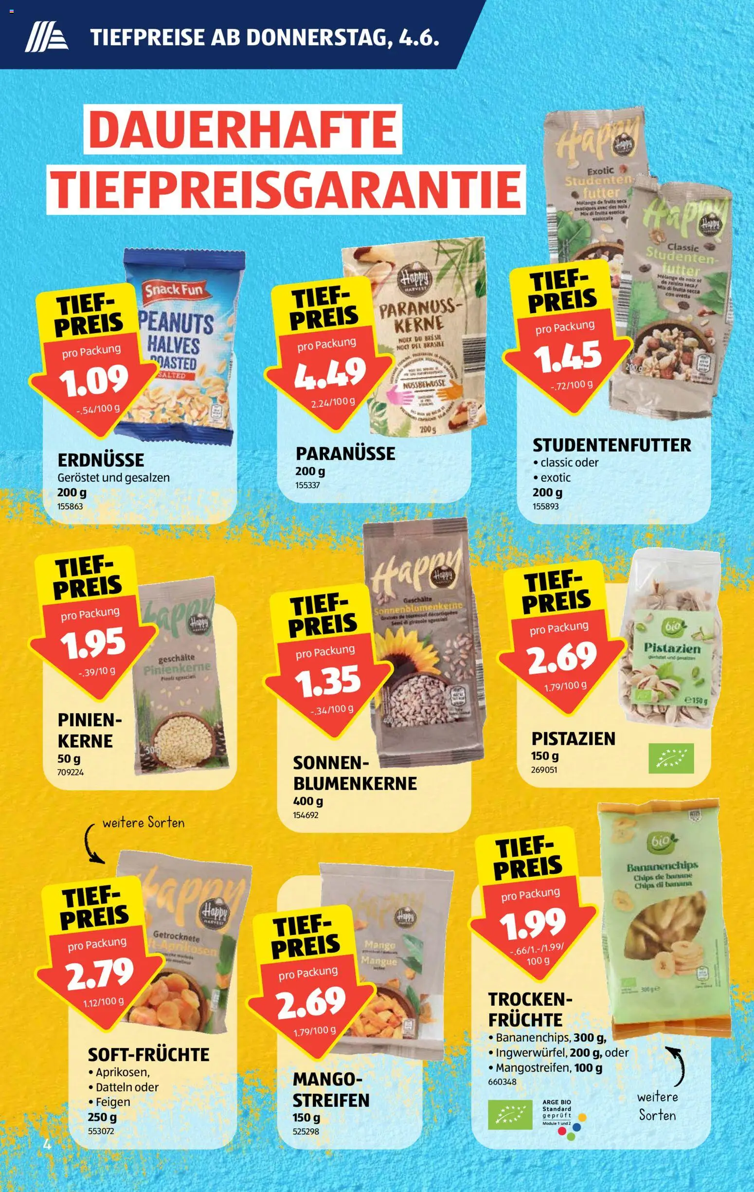 Aldi aktionen – gültig ab 04.06.2026 | Seite: 4 | Produkte: Erdnüsse, Chips, Mango, Früchte
