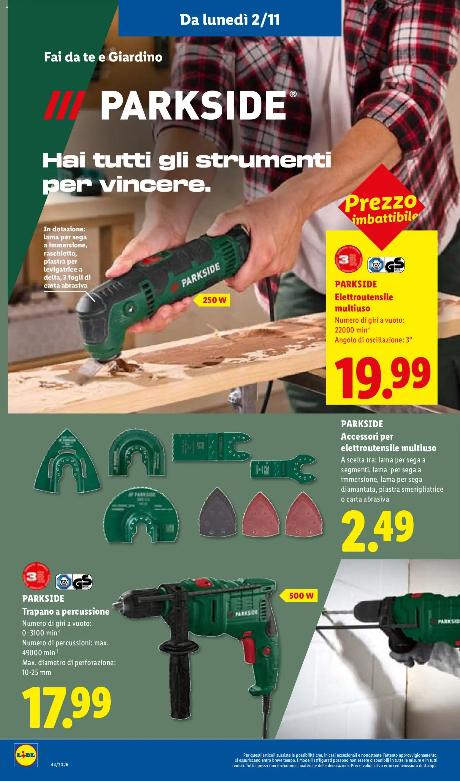 Volantino Lidl del 29/10/2026 | Pagina: 46 | Prodotti: Trapano a percussione, Tè, Sega, Smerigliatrice