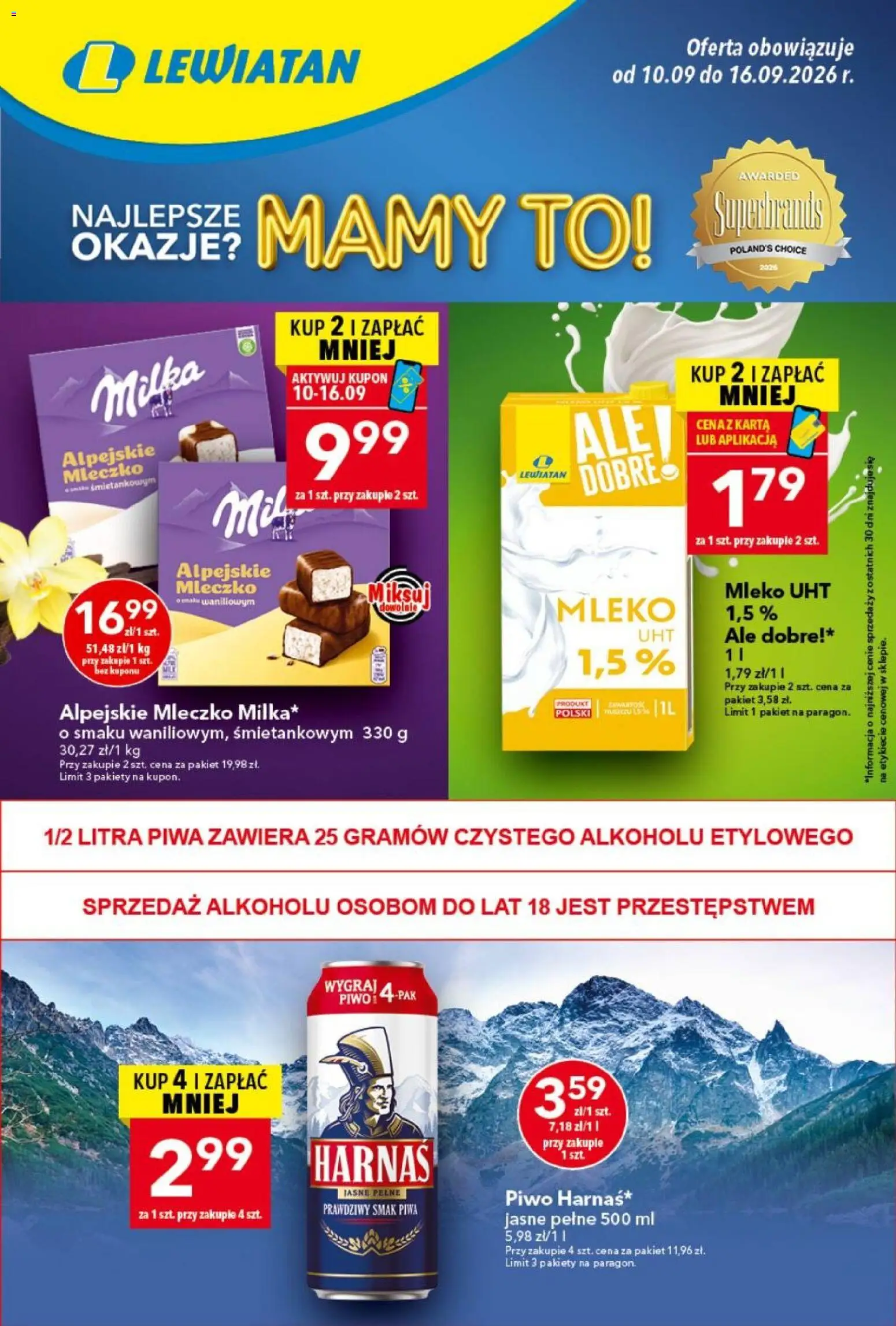 Lewiatan gazetka od 10.09.2026 | Strona: 1 | Produkty: Karta, Milka, Mleko, Piwo