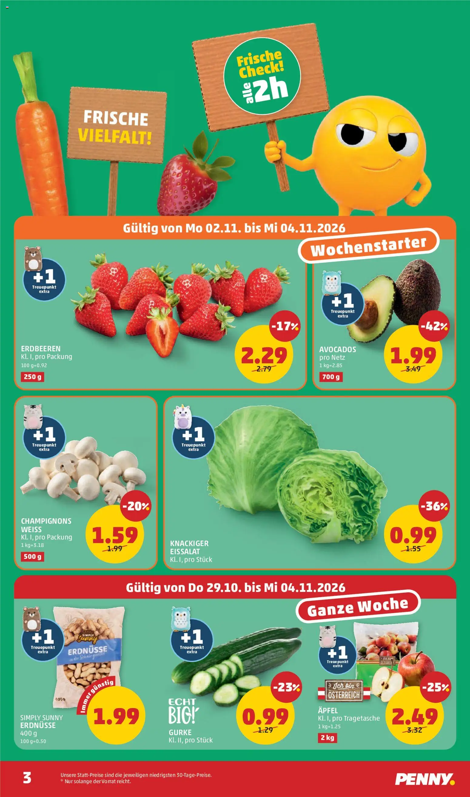Penny Markt Flugblatt gültig ab 29.10.2026 | Seite: 3 | Produkte: Erdbeeren, Erdnüsse, Gurke, Äpfel