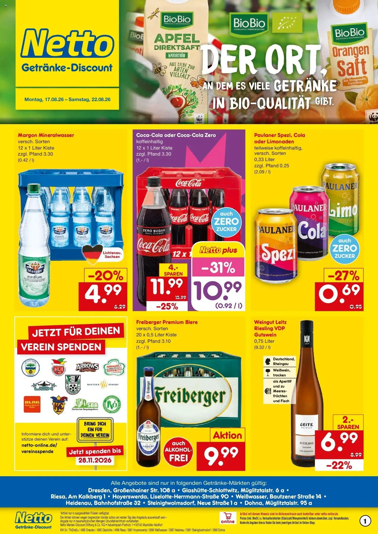 Netto Marken-Discount Prospekt Riesa – gültig ab 17.08.2026 | Seite: 1 | Produkte: Coca cola, Cola, Orangen, Mineralwasser