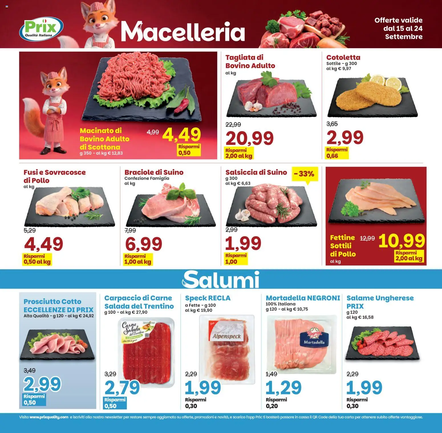 Volantino Prix del 15/09/2026 | Pagina: 7 | Prodotti: Carpaccio, Salsiccia, Mortadella, Macinato