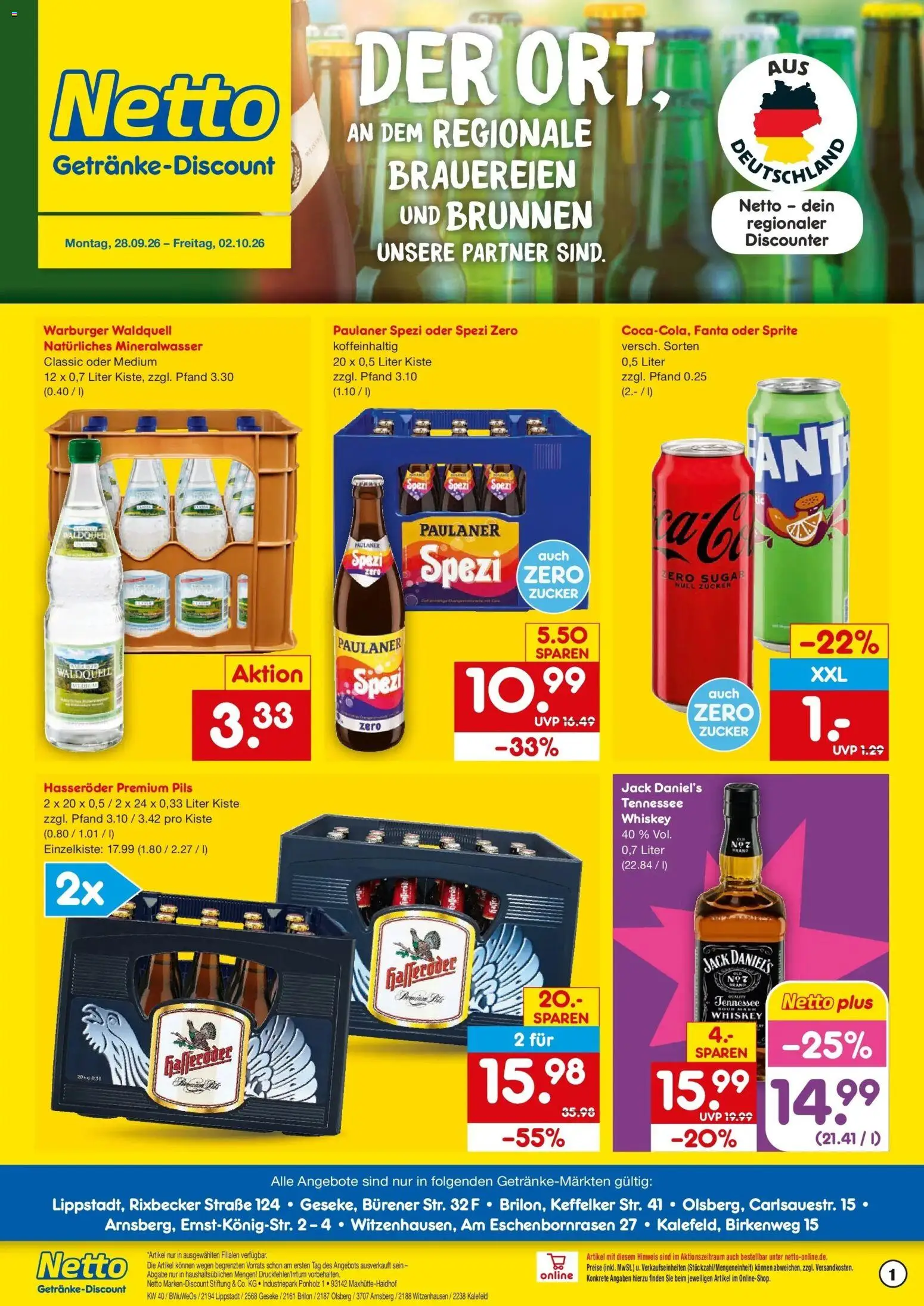Netto Marken-Discount Prospekt Lippstadt – gültig ab 28.09.2026 | Seite: 1 | Produkte: Sprite, Paulaner spezi, Pils, Whiskey