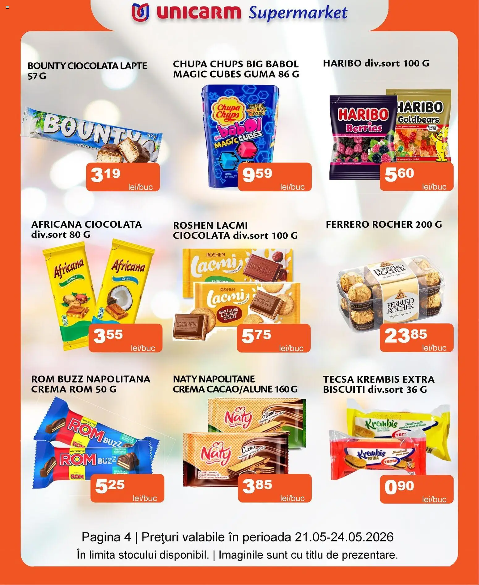 Noul catalog Unicarm – valabil de la 21.05.2026 | Pagină: 4 | Produse: Napolitane, Soda, Ciocolată, Rom