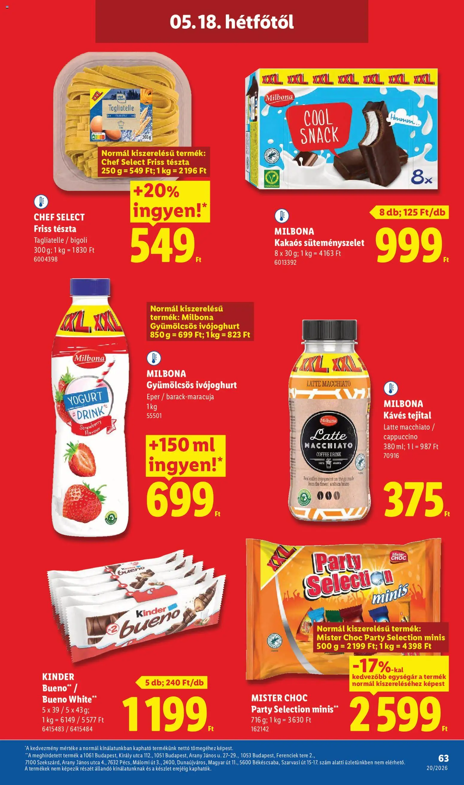 Lidl akciós ujság - amely érvényes a következő dátumtól: 14.05.2026 | Oldal: 63 | Termékek: Ivójoghurt, Cappuccino, Tészta, Eper