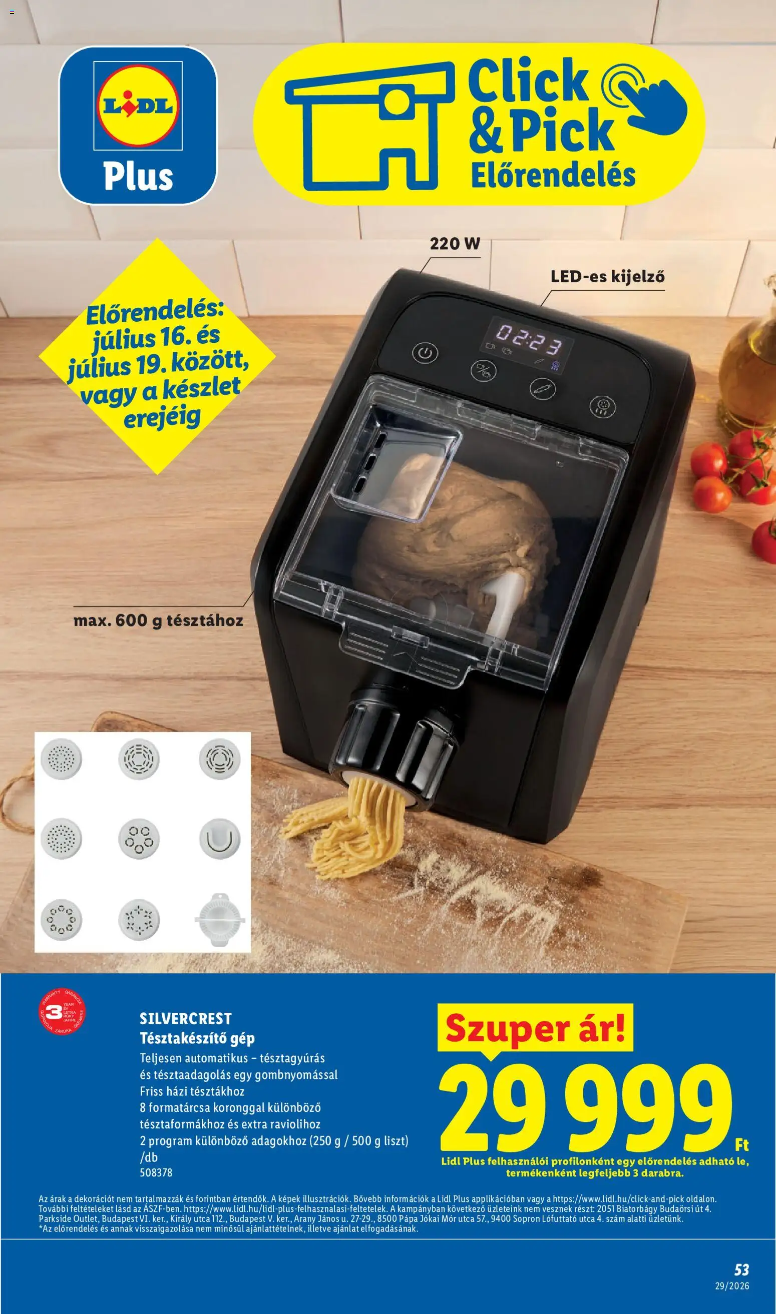 Lidl akciós ujság - amely érvényes a következő dátumtól: 2026.07.16. | Oldal: 53 | Termékek: Parkside, Pick, SilverCrest, Liszt