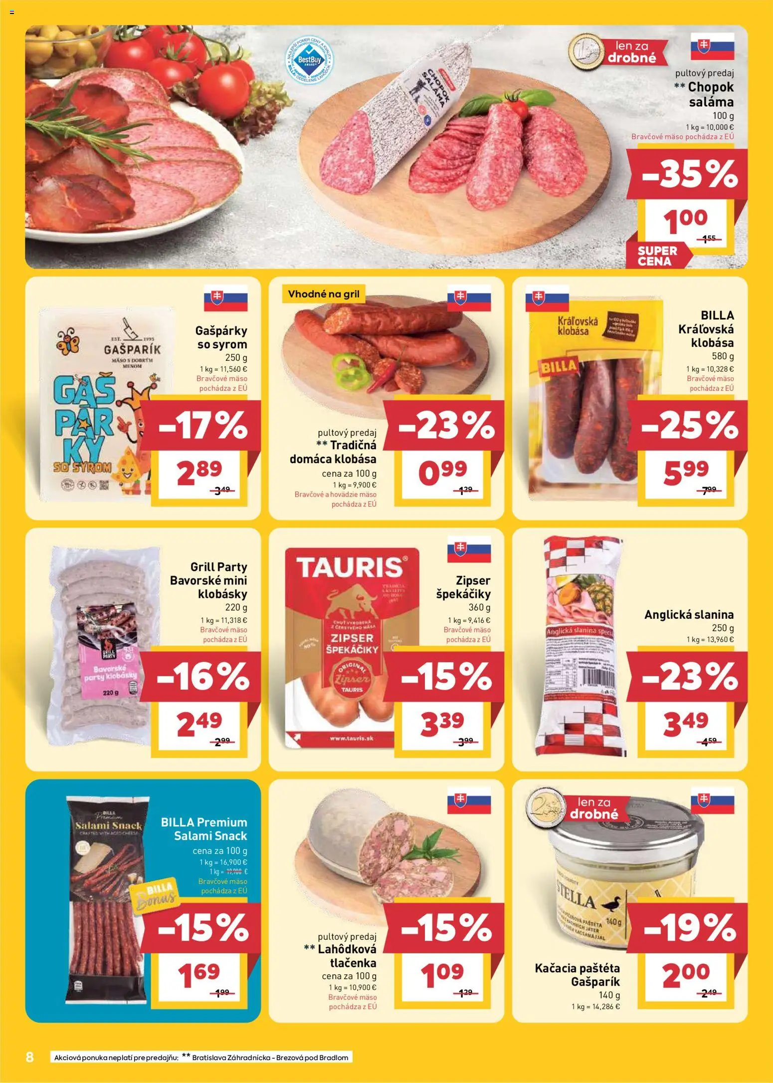 Nové Billa akcie – leták je platný od 22.04.2026 | Strana: 8 | Produkty: Gril, Klobása, Bravčové mäso