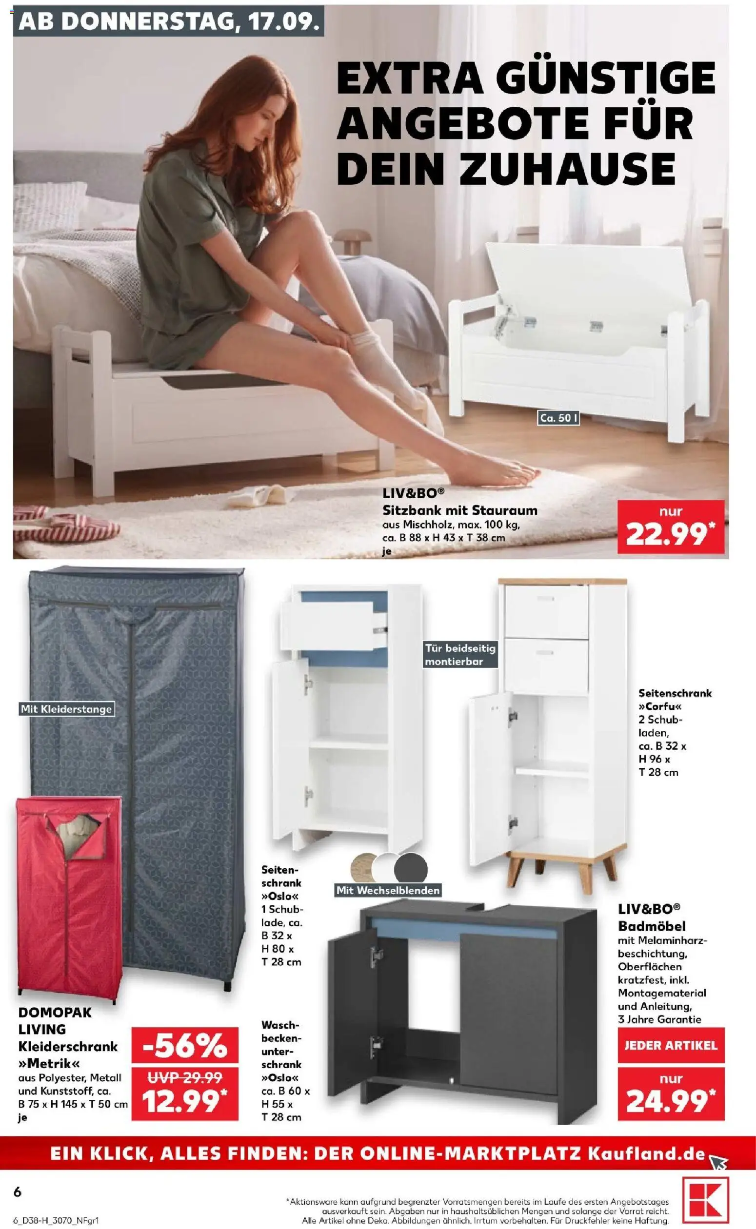Kaufland Prospekt Leipzig – gültig ab 17.09.2026 | Seite: 6 | Produkte: Sitzbank, Kleiderschrank, Schrank, Tür