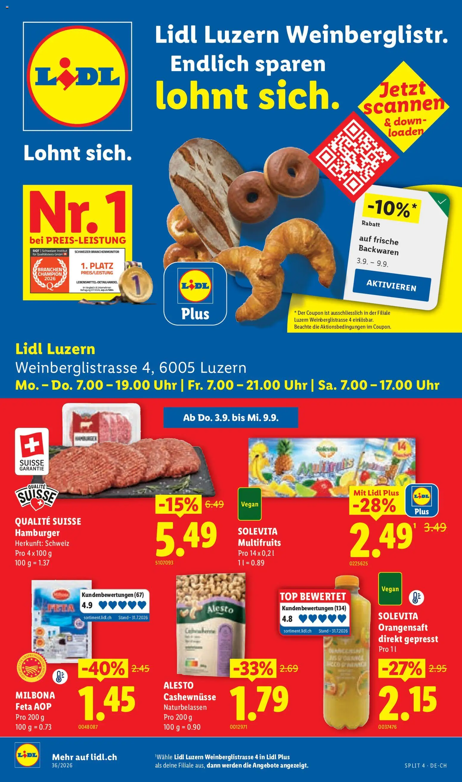 Lidl aktionen Luzern – gültig ab 03.09.2026 | Seite: 1 | Produkte: Cashewnüsse, Feta, Orangensaft, Top