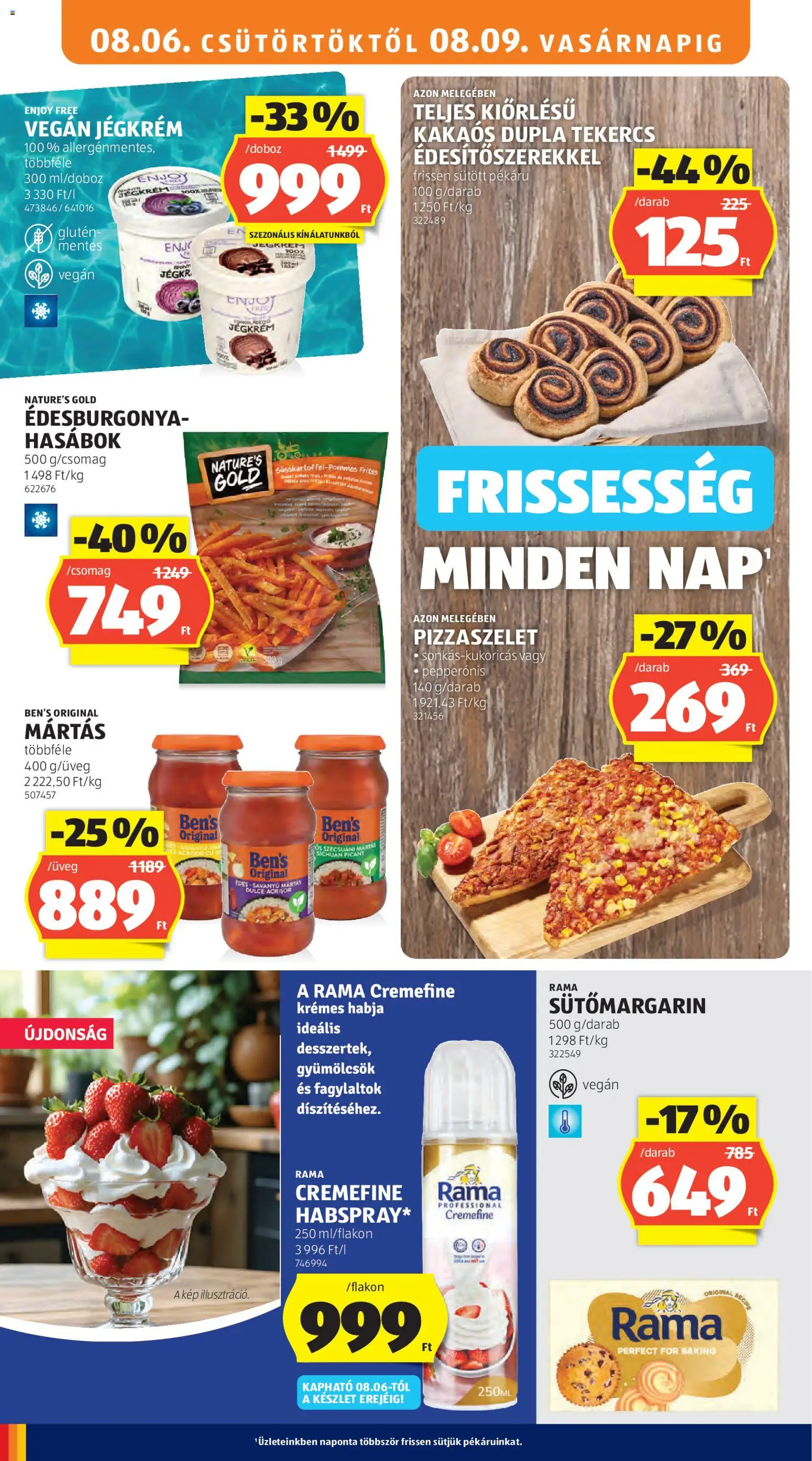 Aldi akciós ujság - amely érvényes a következő dátumtól: 2026.08.06. | Oldal: 20 | Termékek: Sütőmargarin, Édesburgonya, Pizza, Jégkrém