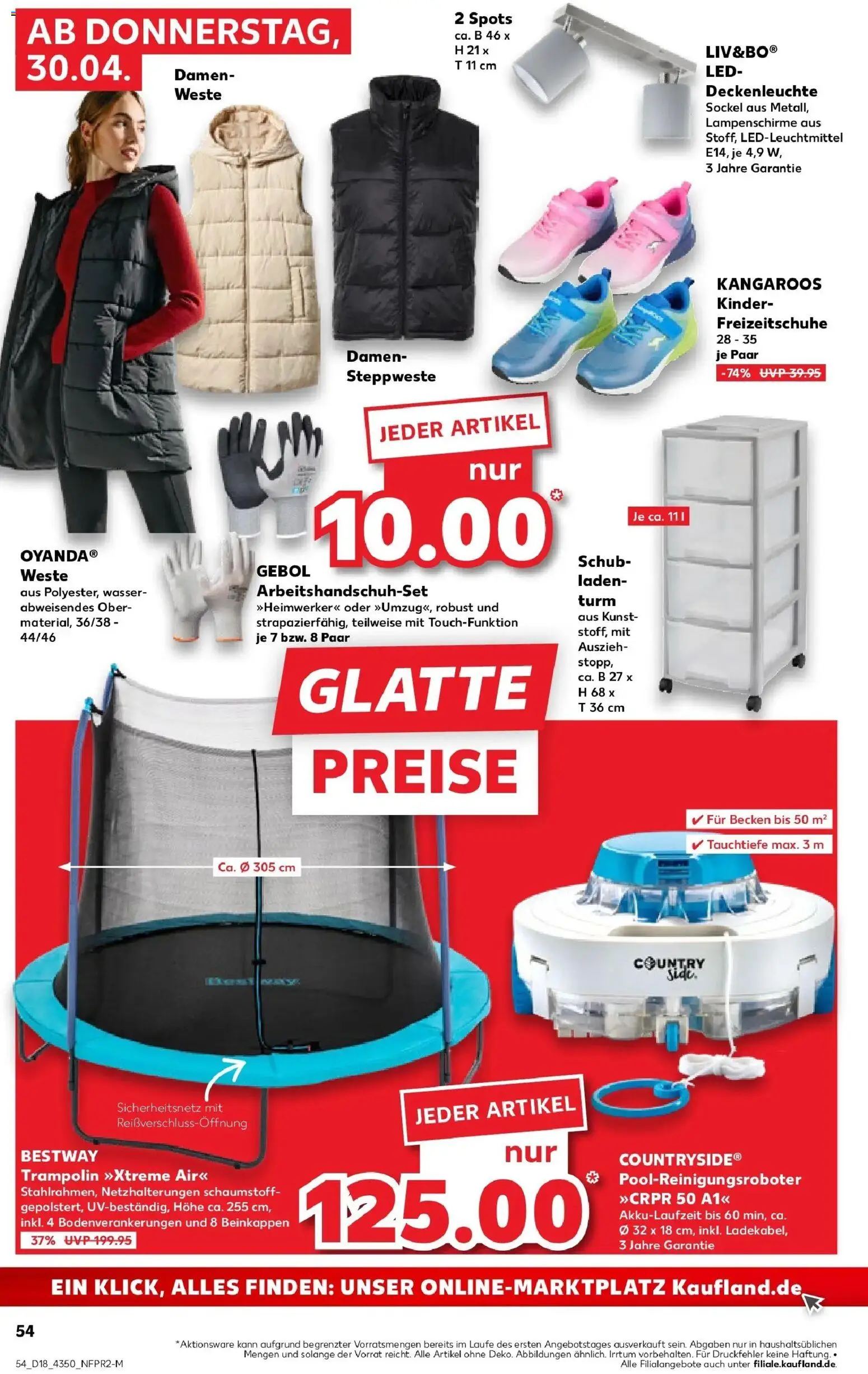 Prospekt Kaufland ab 30.04.2026 » Angebote Online zum Blättern | Seite: 54 | Produkte: Steppweste, Trampoline, Wasser, Weste