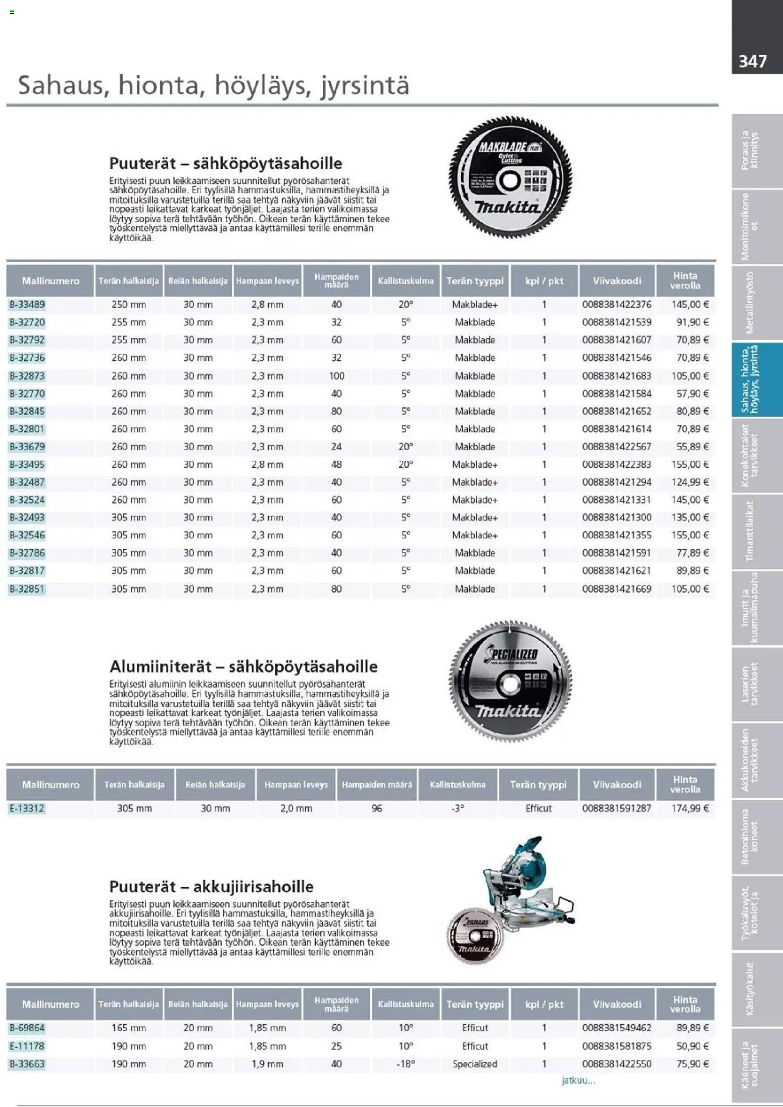 Makita - Tuoteluettelo 2026 – voimassa 24.03.2026 alkaen | Sivu: 347 | Tuotteet: Monitoimikone, Käsineet