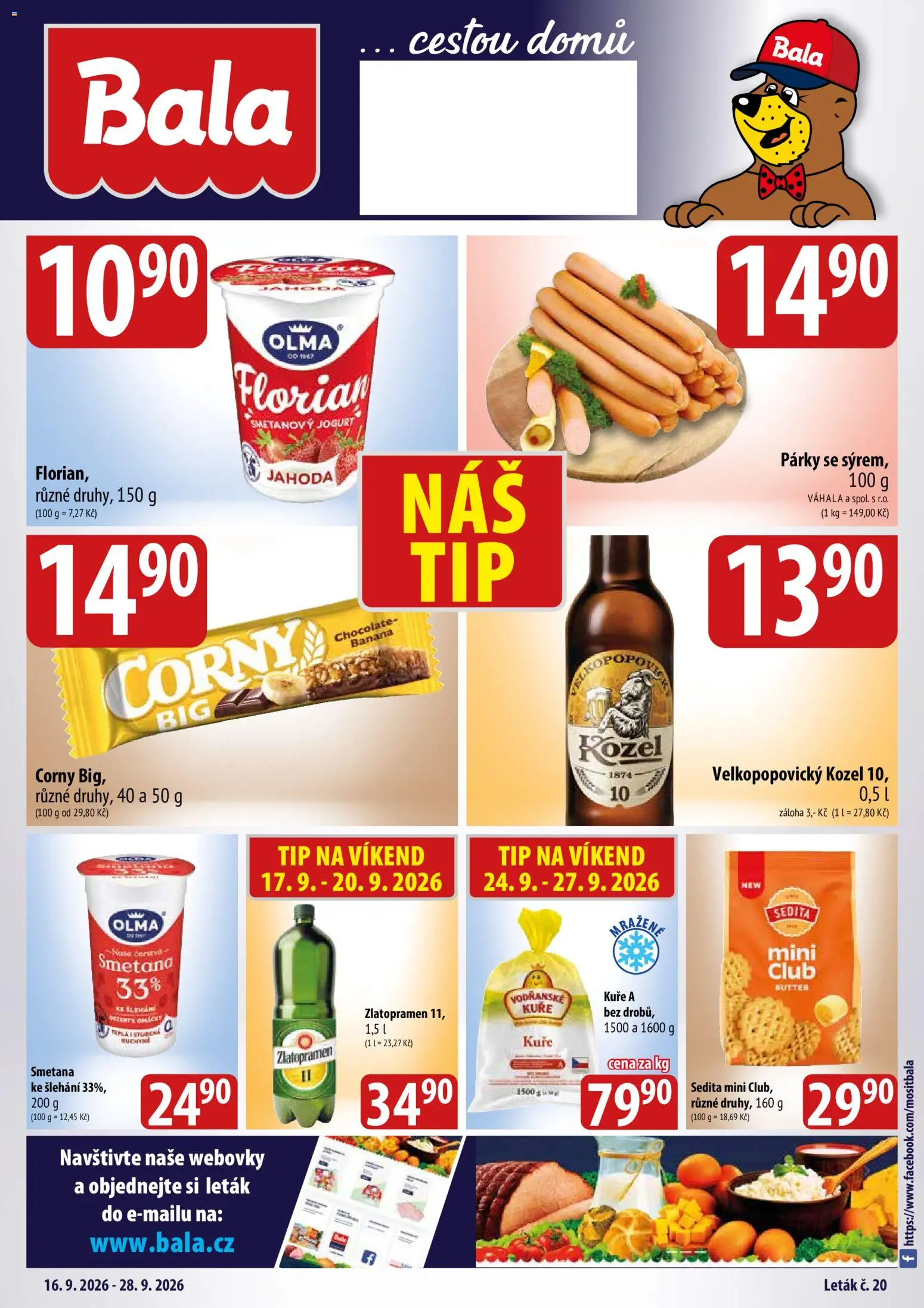 BALA velký leták + od 16.09.2026 | Strana: 1 | Produkty: Smetanový jogurt, Smetana, Kozel, Kuře