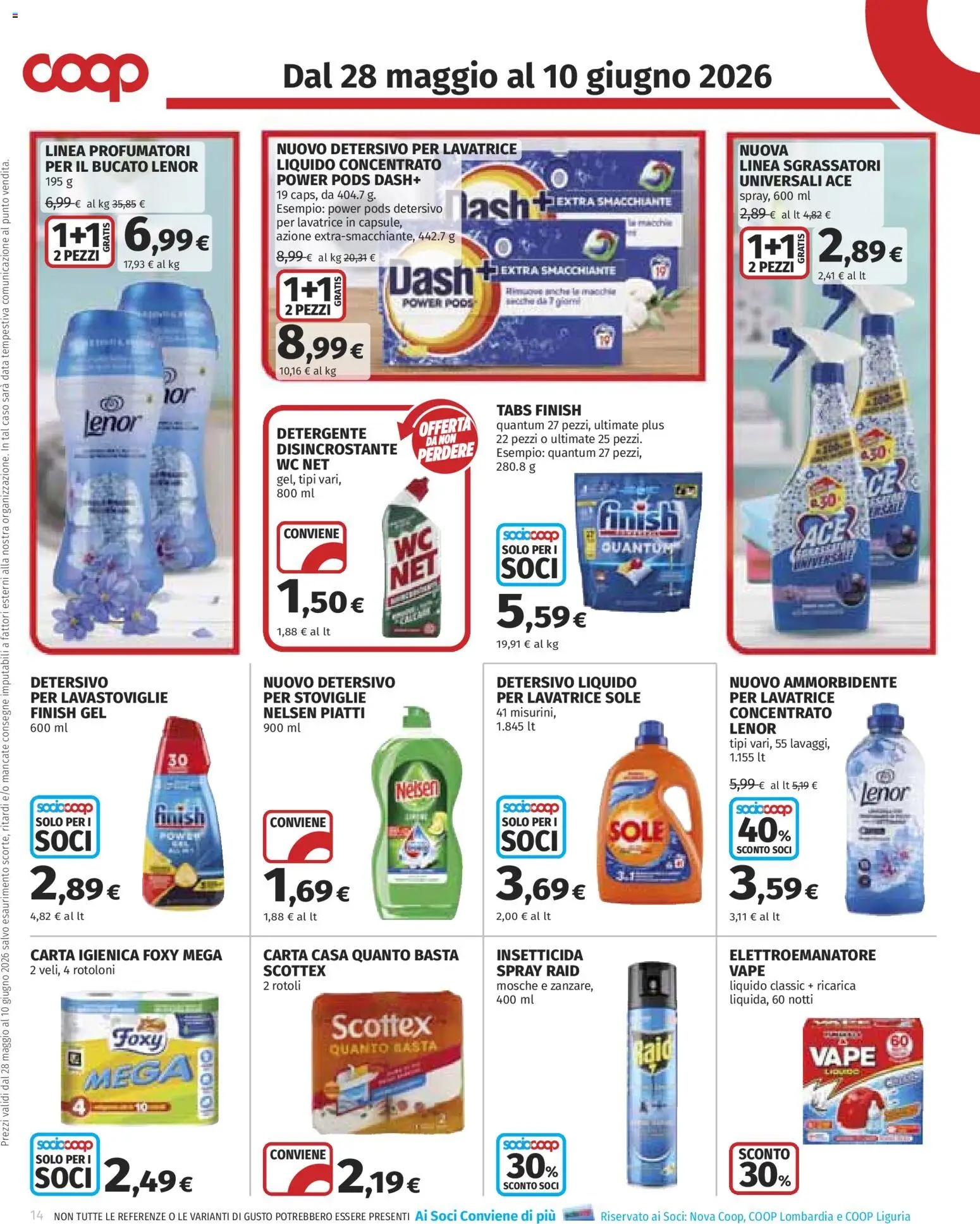 Volantino COOP del 28.05.2026 | Pagina: 14 | Prodotti: Detergente, Lavastoviglie, Insetticida, WC