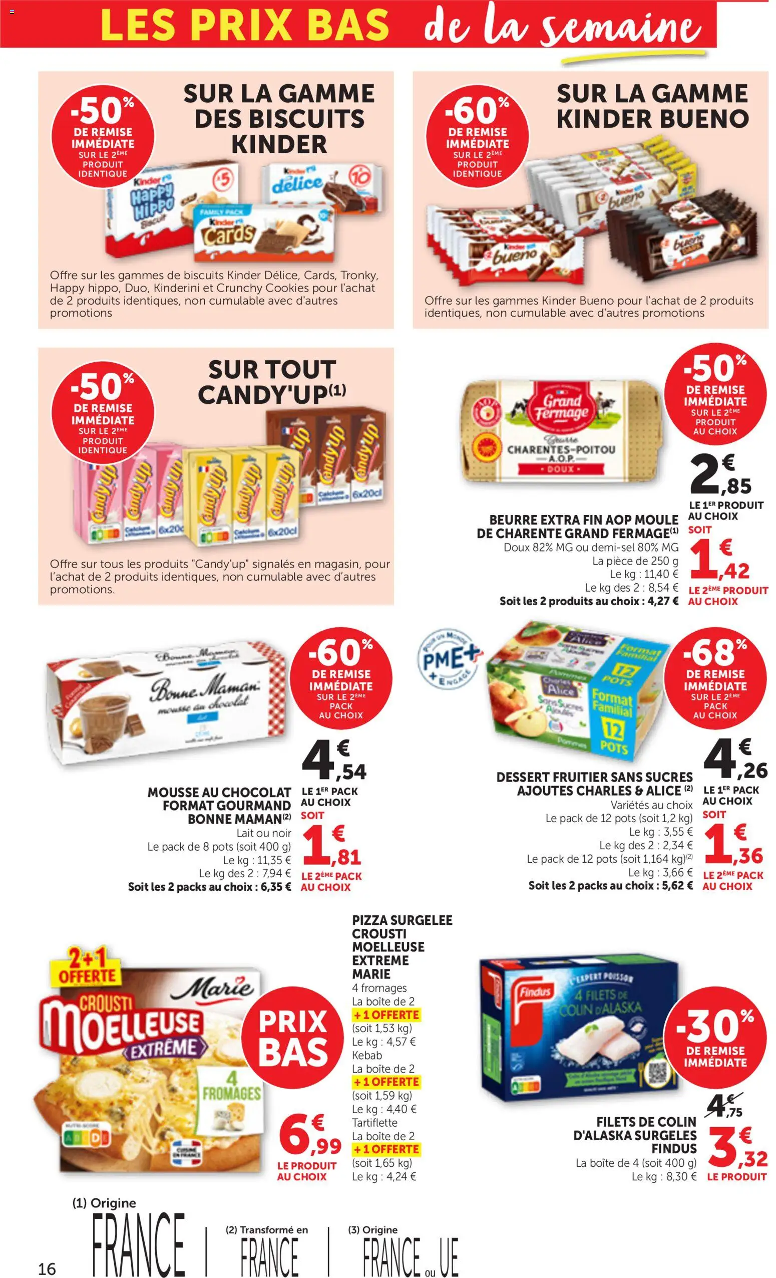 {H1} | Page: 16 | Produits: Pizza surgelée, Mousse, Lait, Biscuits