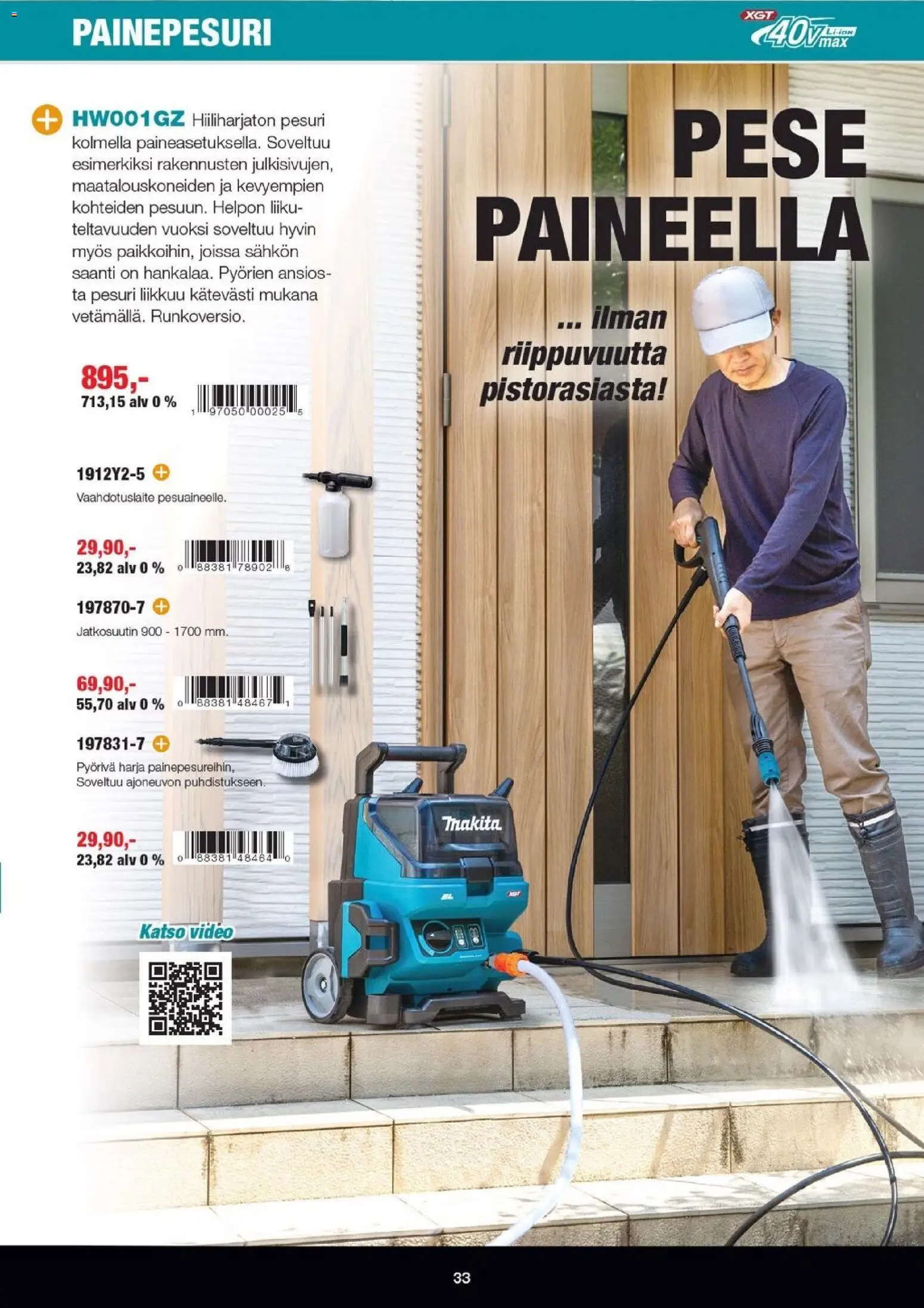 Makita tarjoukset - XGT esite 2026 – voimassa 07.04.2026 alkaen | Sivu: 33 | Tuotteet: Harja, Painepesuri, Video