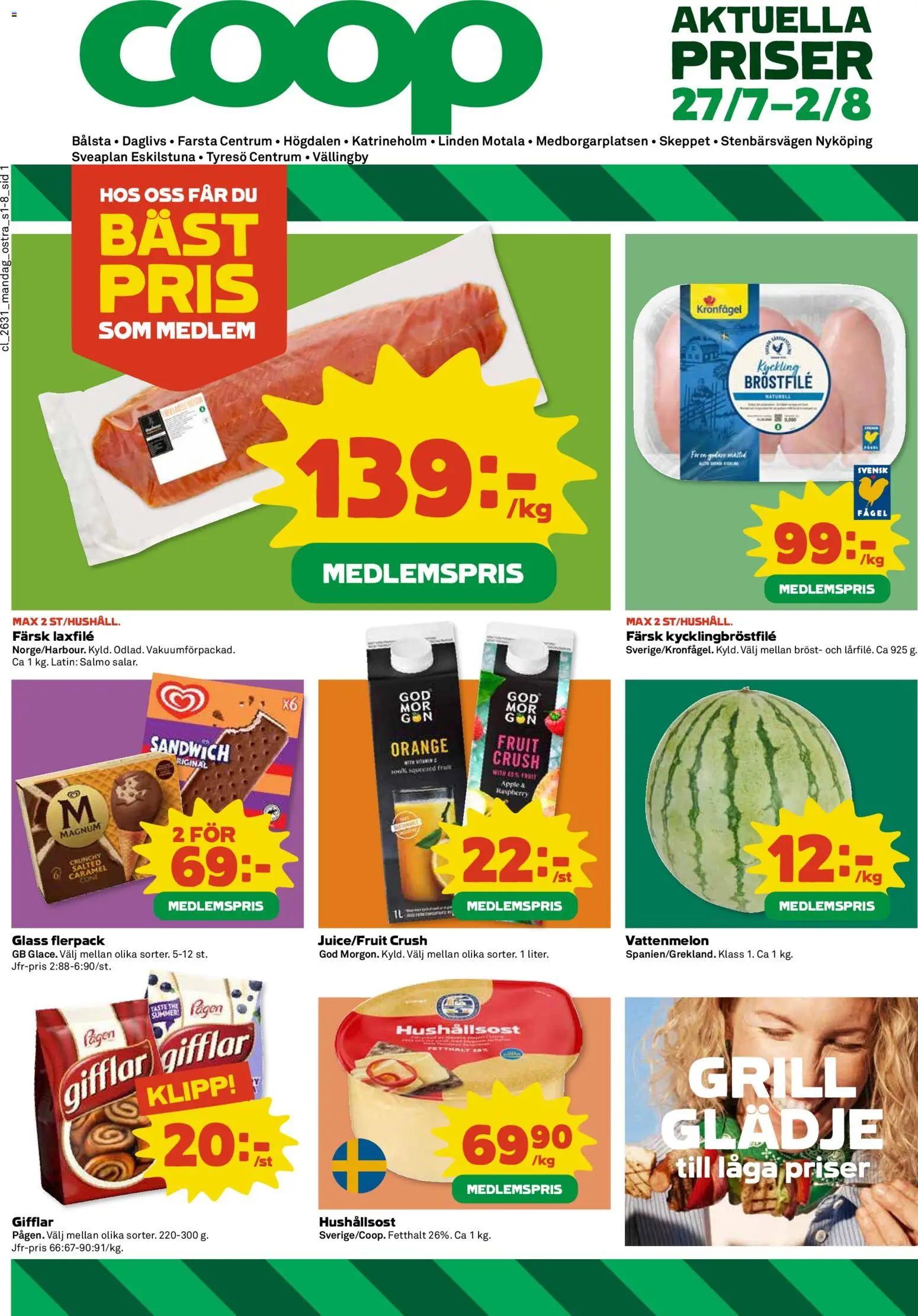 Coop reklamblad aktuell från 27/07/2026 | Sida: 1 | Produkter: Grill, Gifflar, Vattenmelon, Äpple