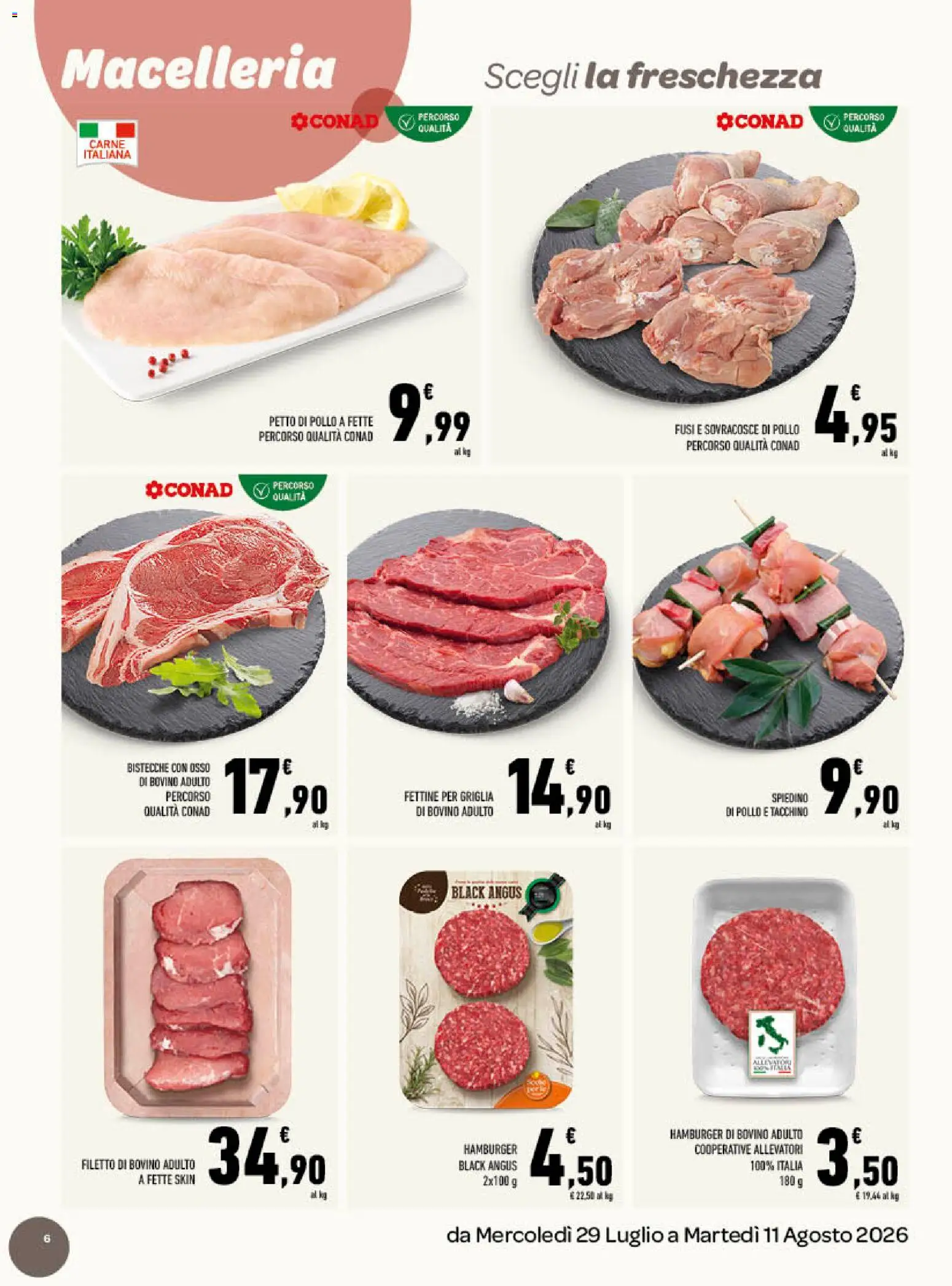 Volantino Conad del 29/07/2026 | Pagina: 6 | Prodotti: Bovino, Pollo, Tacchino, Hamburger