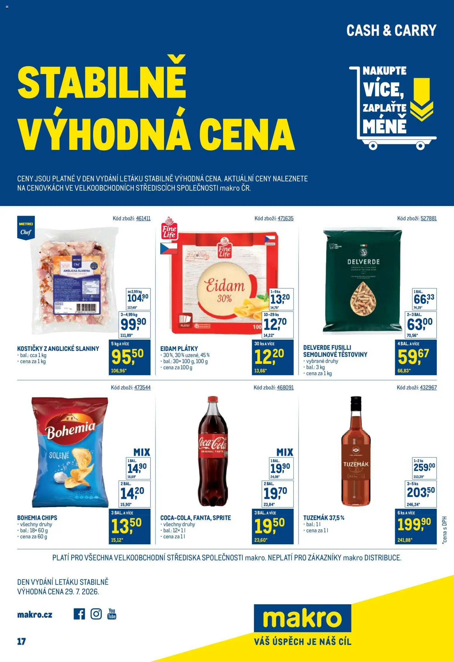Makro leták - Stabilně výhodná cena od 18.05.2026 | Strana: 1 | Produkty: Těstoviny, Anglická slanina, Eidam, Sprite