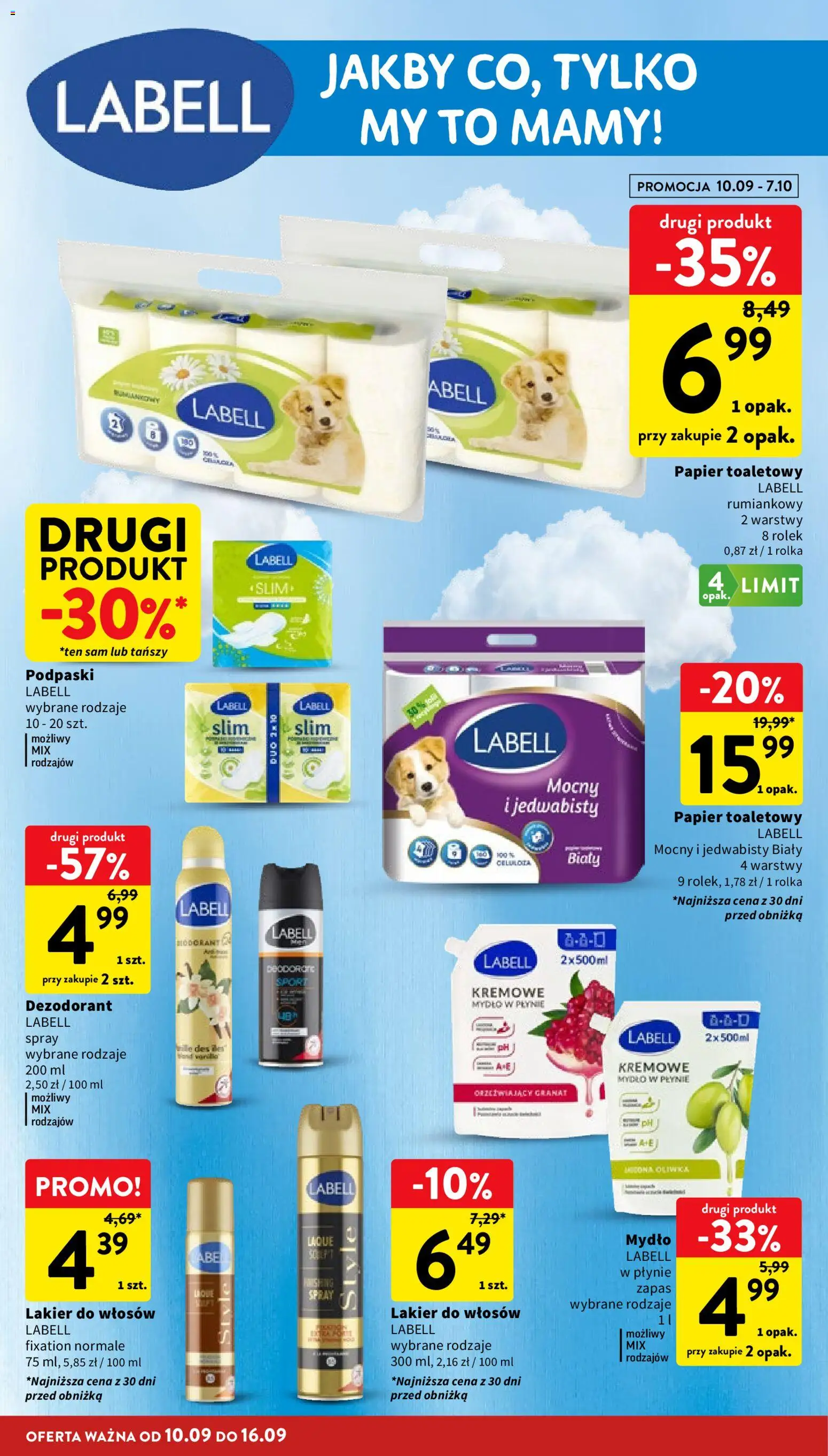 Intermarche gazetka od 10.09.2026 | Strona: 34 | Produkty: Papier toaletowy, Podpaski, Lakier do włosów, Mydło