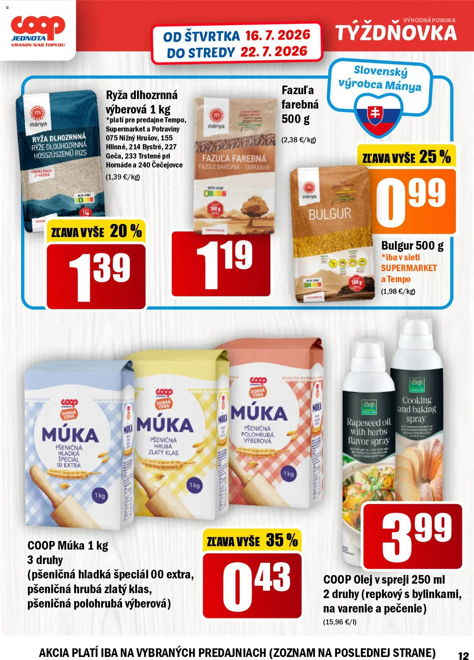 Nové COOP Jednota akcie – leták je platný od 16.07.2026 | Strana: 12 | Produkty: Ryža, Zlatý klas, Fazuľa, Múka