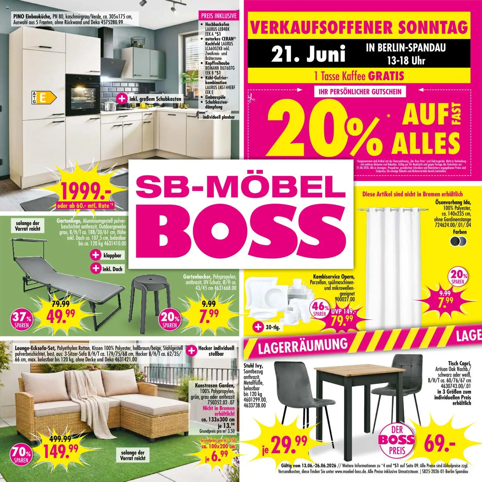 SB Möbel Boss Prospekt Berlin-Spandau – gültig ab 13.06.2026 | Seite: 1 | Produkte: Hocker, Decke, Stuhl, Uhr