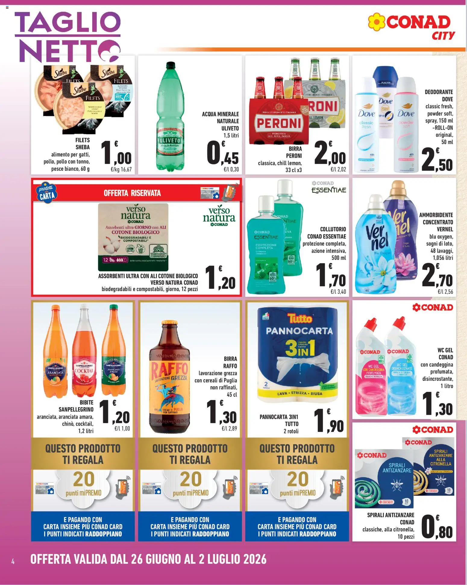 Volantino Conad del 26/06/2026 | Pagina: 4 | Prodotti: Collutorio, Candeggina, Acqua minerale, WC